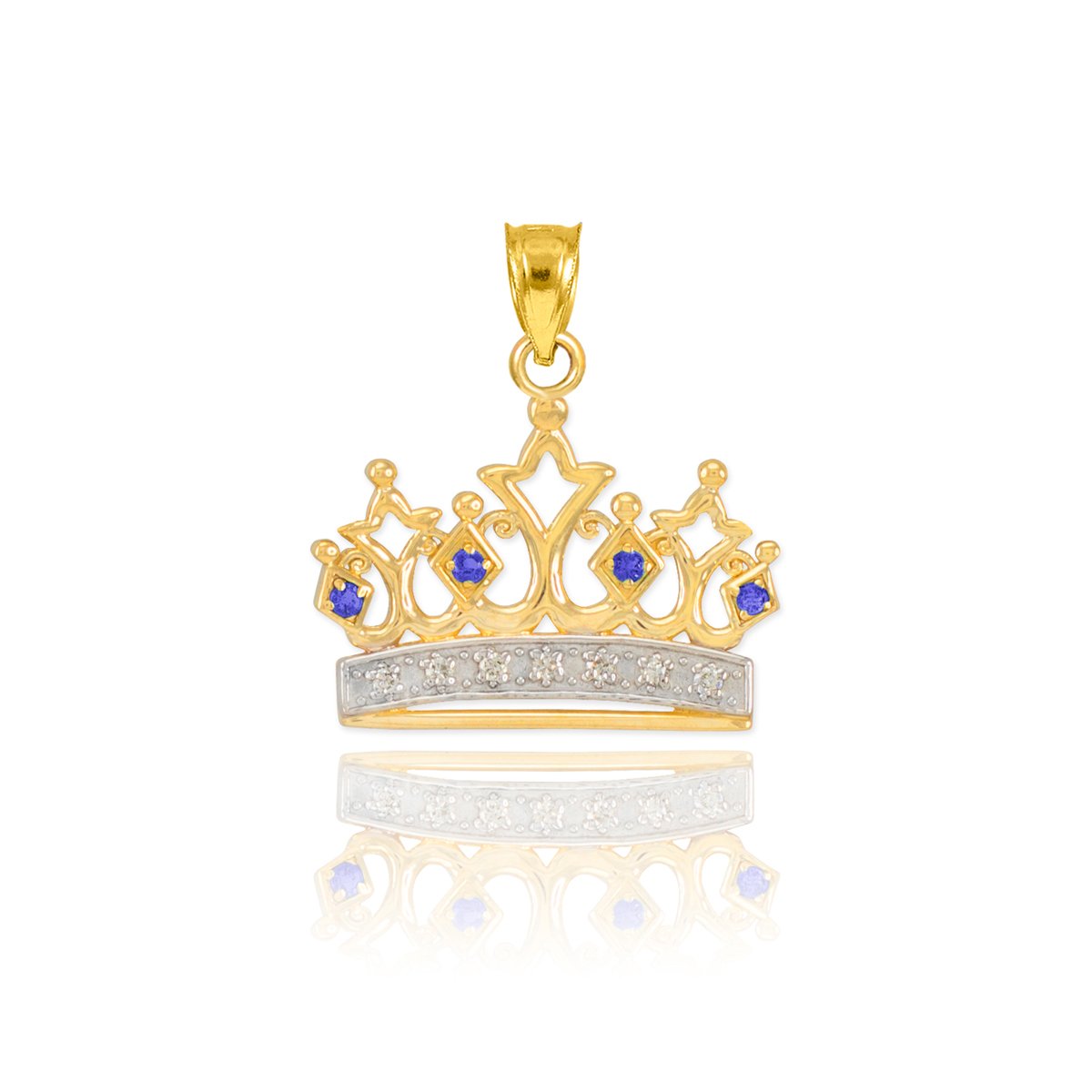 10k Yellow Gold Blue Sapphire & Diamond Tiara Charm Crown Necklace Pendant - Elegant Jewelry Gift for Women, Brides, Princess Theme Parties & Special Occasions
