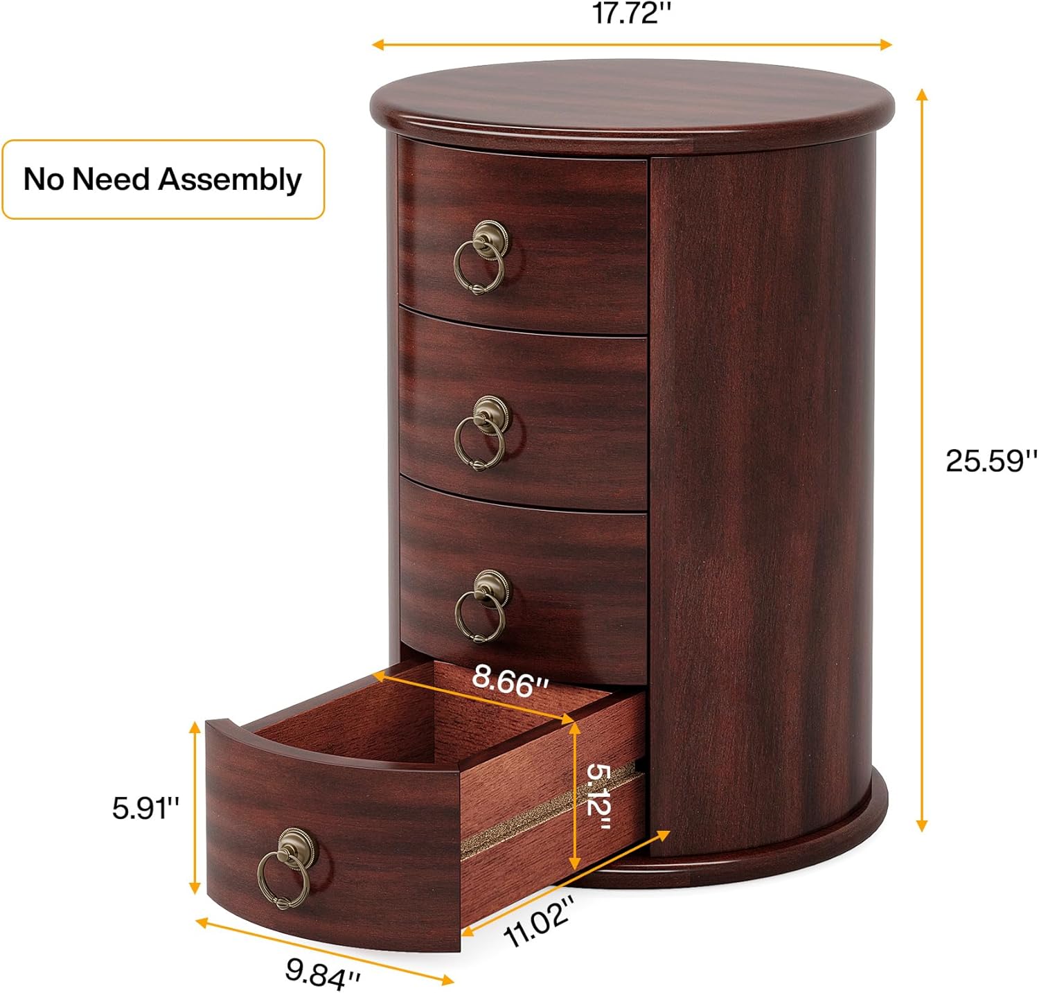 Round Wood End Table with 4 Drawers - Small Side Table for Living Room, Bedroom, or Office - Perfect for Storage and Decor