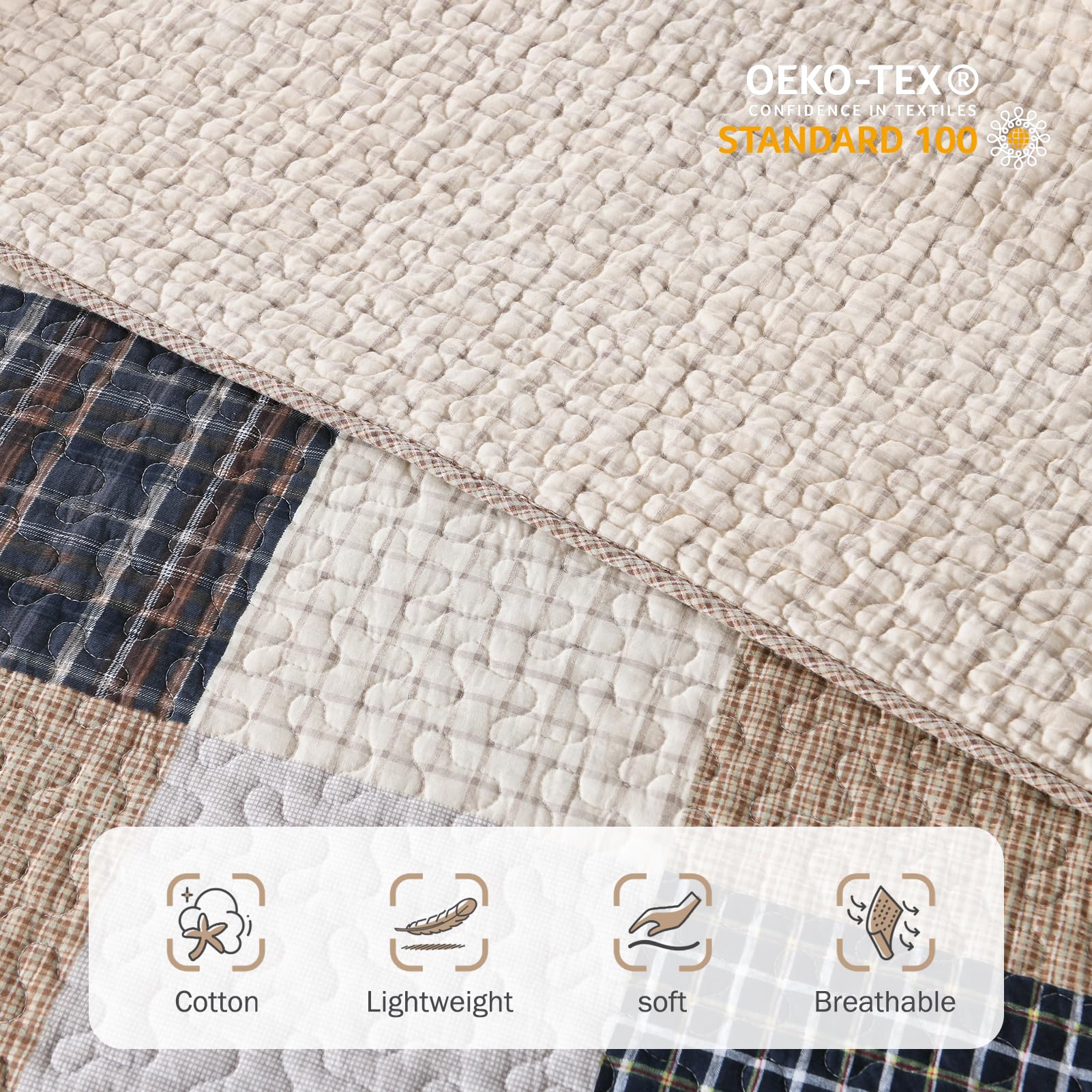 Farmhouse Style Queen Size Quilt Set - 100% Cotton Plaid Bedspread with 2 Pillow Shams | Lightweight & Breathable Quilted Bedding in Brown Tan | 90x98 Inch | Perfect for Cozy Farmhouse Bedrooms, Guest Rooms & Rustic Home Decor