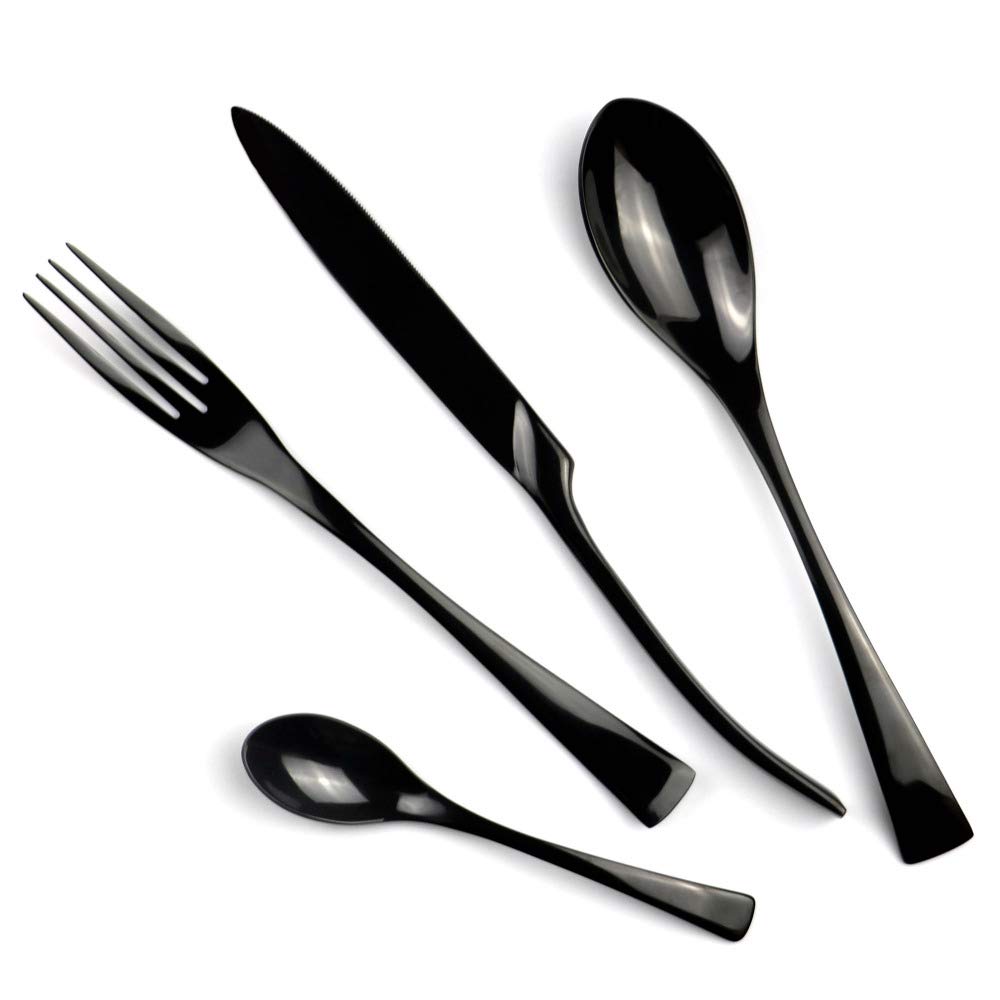 24-Piece Black Stainless Steel Flatware Set - Silverware Cutlery for Western Dining, Includes Forks, Steak Knives & Teaspoons - Elegant Dinnerware for Restaurants, Weddings & Home Entertaining