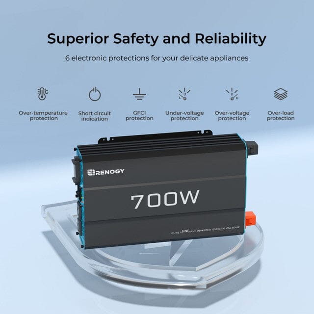 Renogy 700W 12V Pure Sine Wave Power Inverter for RV, Solar System, Off-Grid & Emergency Backup - Car, Truck, Boat & Home Use