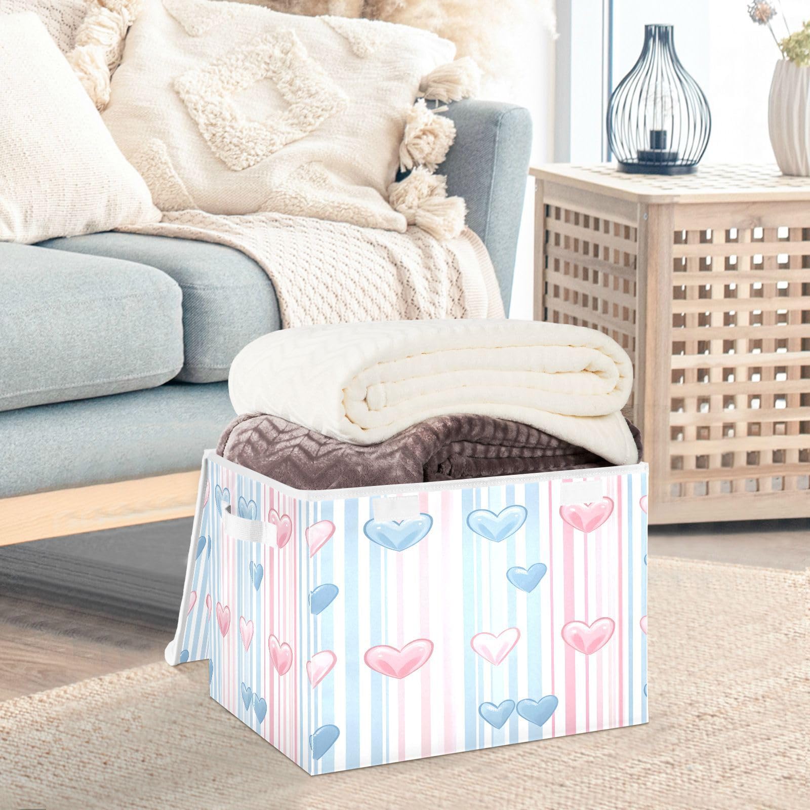 Valentine's Day Collapsible Storage Baskets with Lids - Striped Blue & Pink Heart Design Organizing Bins for Clothes, Toys & Home Decor | Perfect for Bedroom, Nursery & Gift Organization