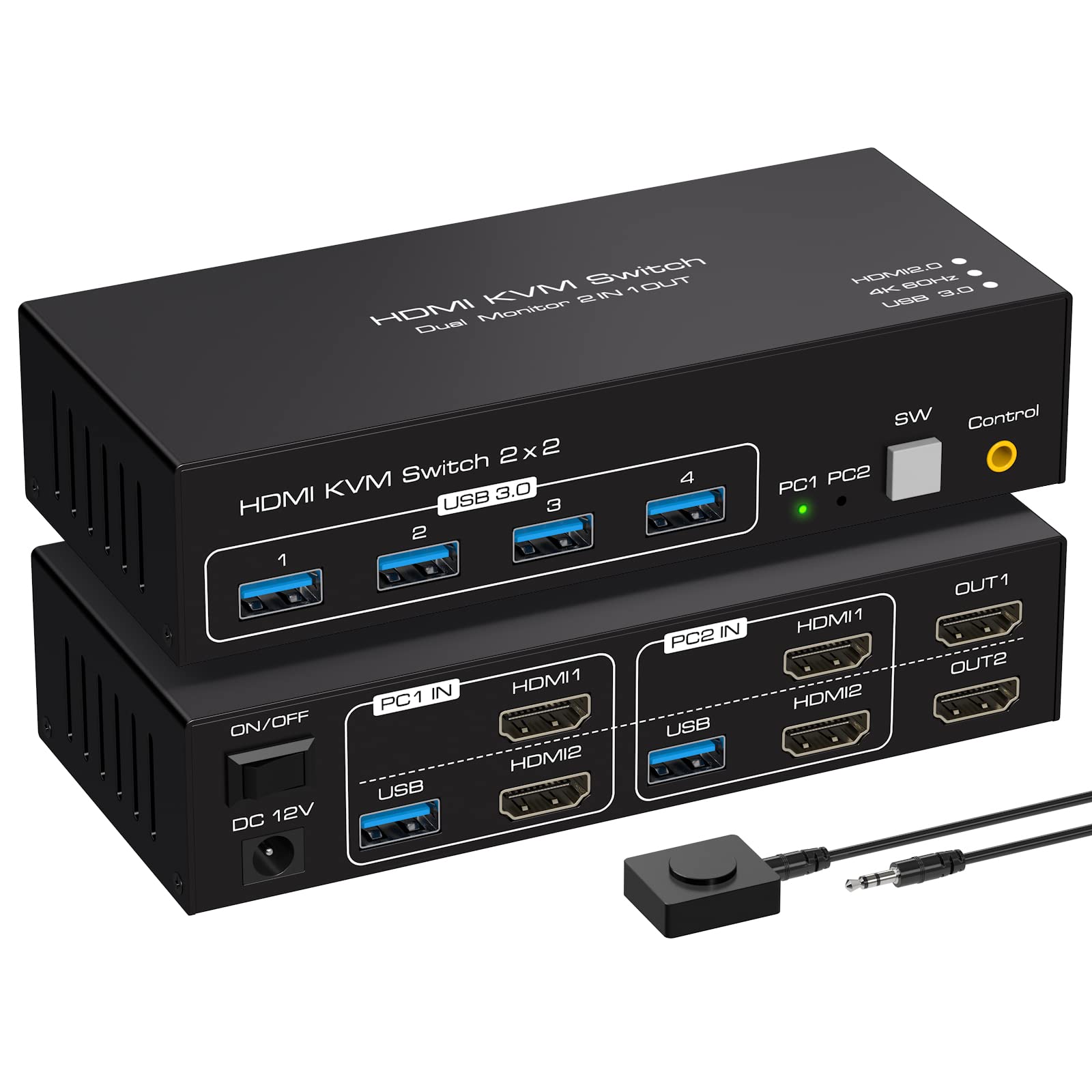 4K60Hz HDMI KVM Switch for 2 Computers & 2 Monitors - Dual Monitor Support, 4 USB 3.0 Ports, Copy/Extended Display, Desktop Control - Includes 2 USB 3.0 Cables - Perfect for Home Office, Gaming & Multi-Tasking Workstations