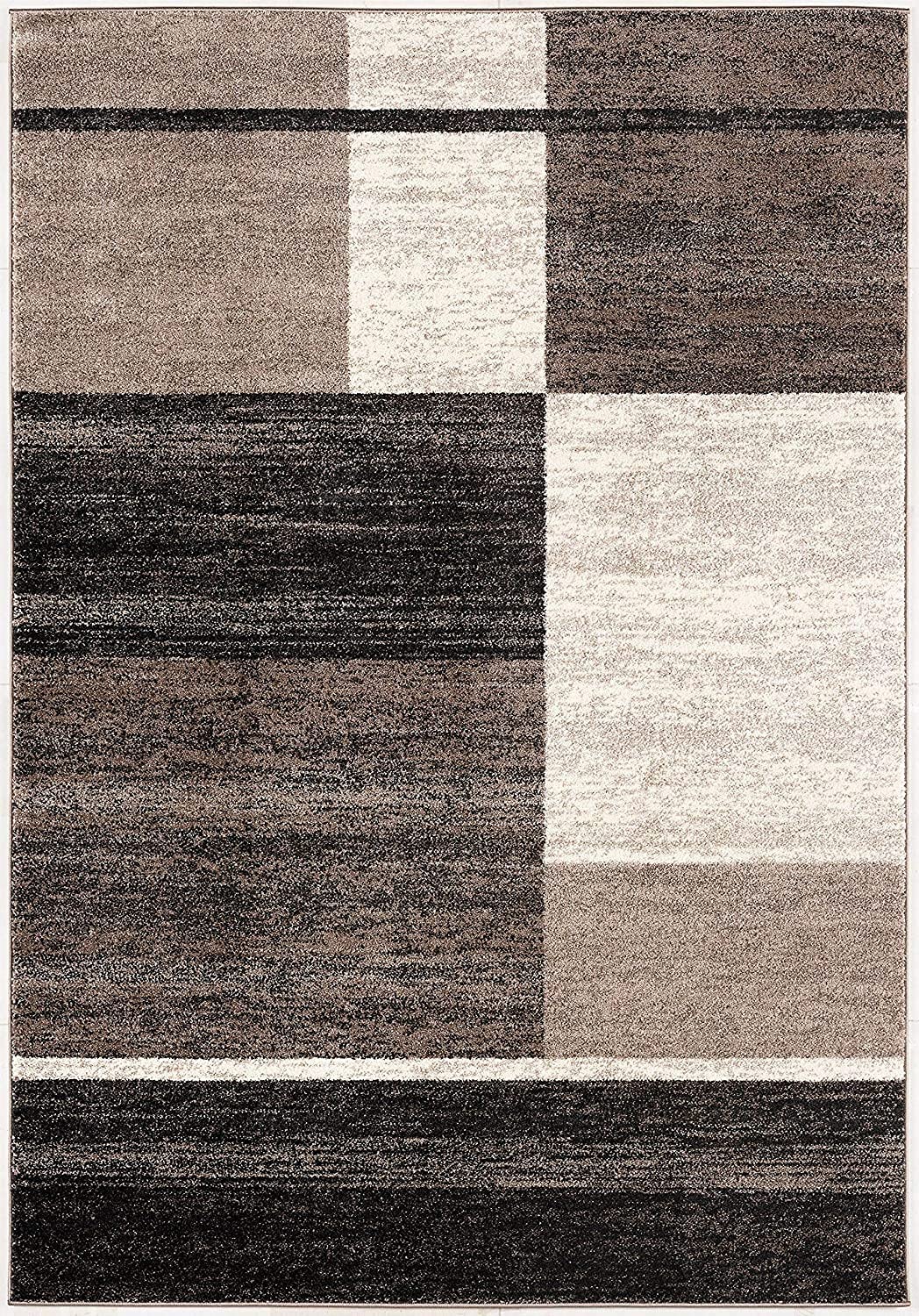 HomeRoots 100% Twisted Polyester 8x11 Inch Brown & Beige Abstract Blocks Area Rug - Soft Modern Floor Covering for Living Room, Bedroom & Office Decor