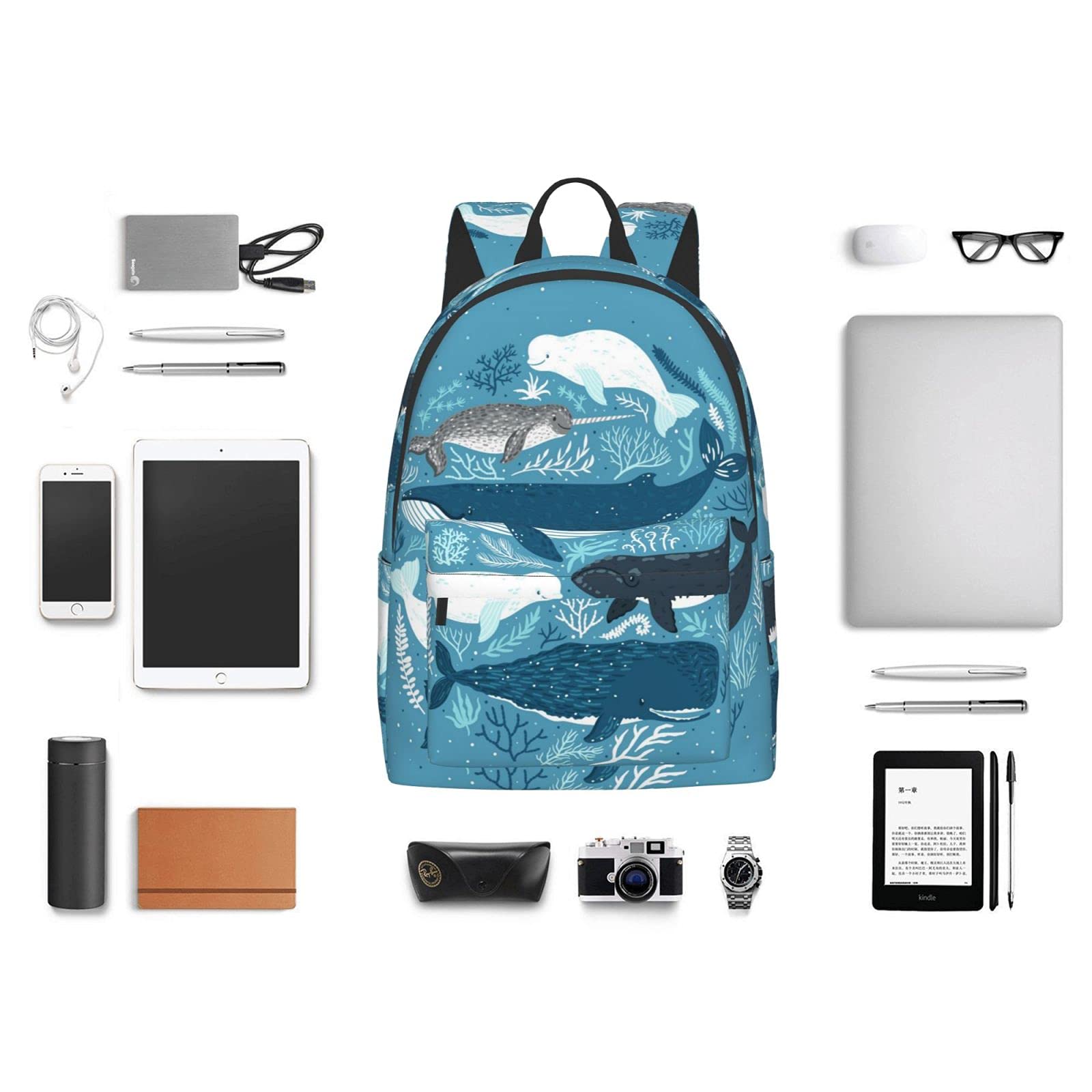 16 Inch Whales Print Laptop Backpack - Waterproof School Bookbag with USB Charging Port, Travel Daypack for Men & Women - Perfect for College, Work Commute and Weekend Getaways