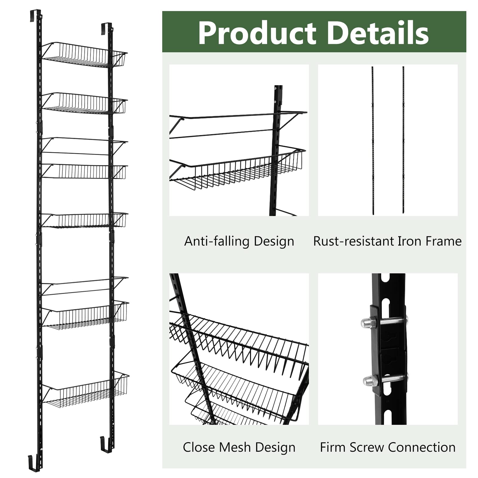 Giantex 6-Tier Over The Door Pantry Organizer - Heavy Duty Metal Wire Basket Storage Shelf with Adjustable Height, Hanging or Wall Mount - Perfect for Kitchen, Bathroom, Closet & Garage Organization (Black)