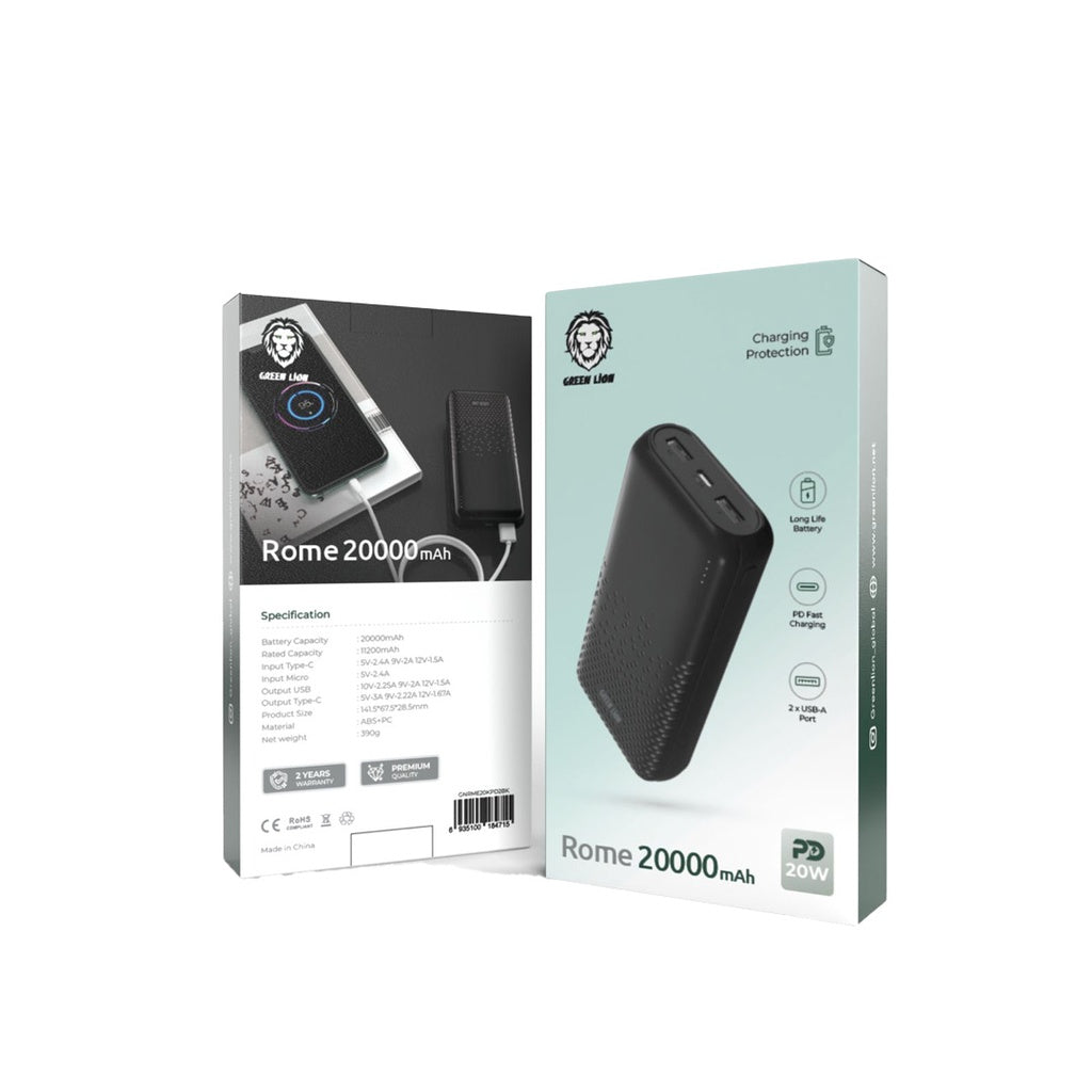 Green Lion Rome 20000mAh Portable Charger Power Bank - High Capacity External Battery Pack for iPhone, Samsung, Android Devices - Perfect for Travel, Camping, and Emergency Charging