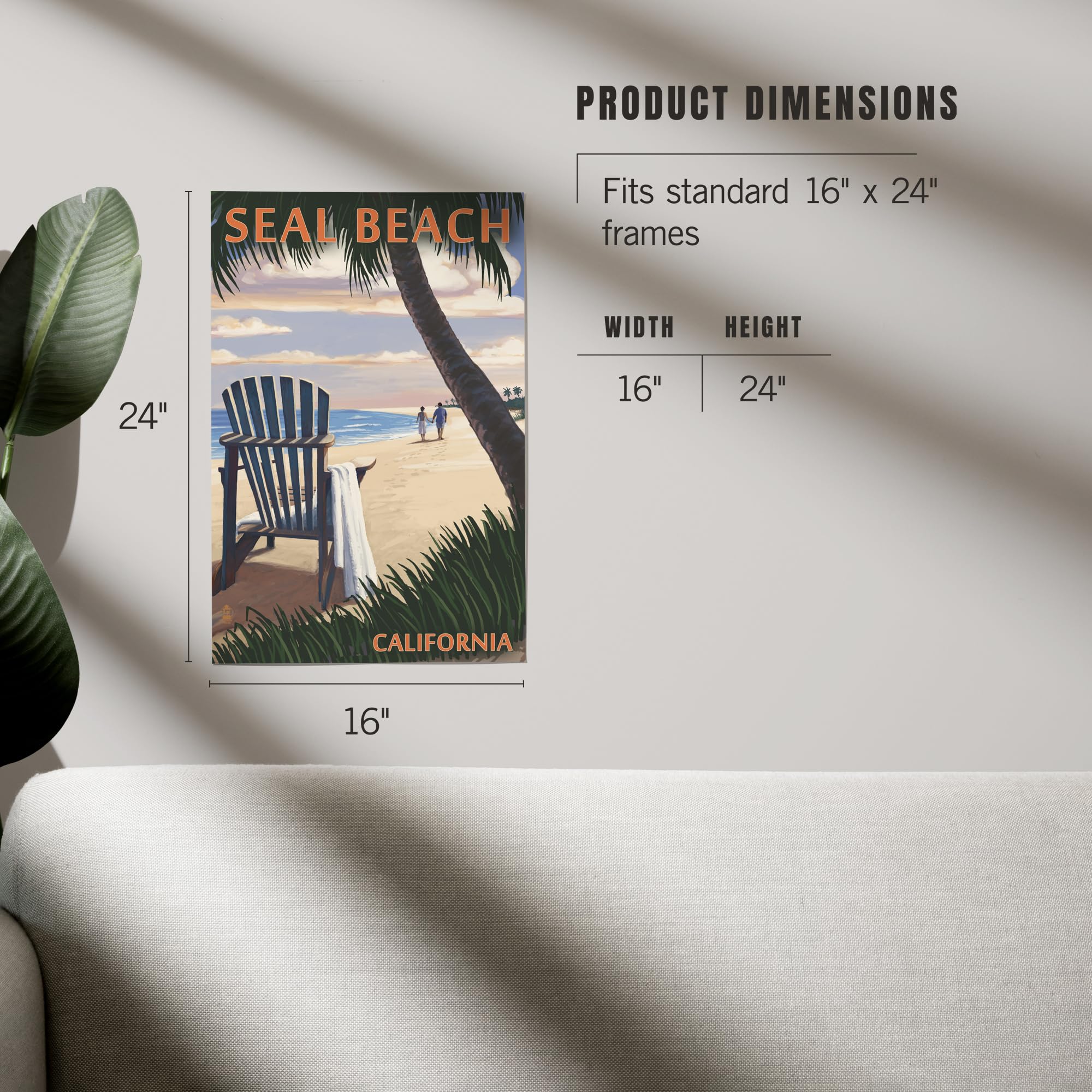 Lantern Press 16x24 Inch Giclee Art Print - Seal Beach California Sunset with Adirondack Chairs - Coastal Wall Decor for Living Room, Bedroom & Office