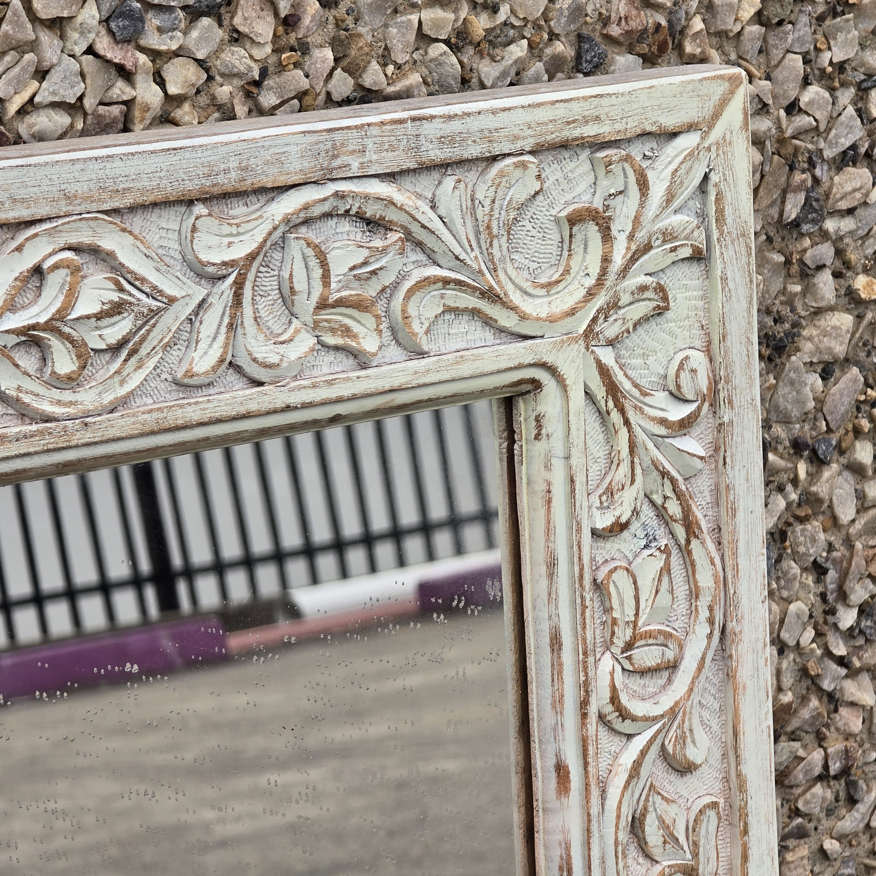 Handcrafted Floral Carved Solid Wood Indian Furniture Mirror Frame - Rustic White Wall Decor for Living Room, Bedroom & Entryway