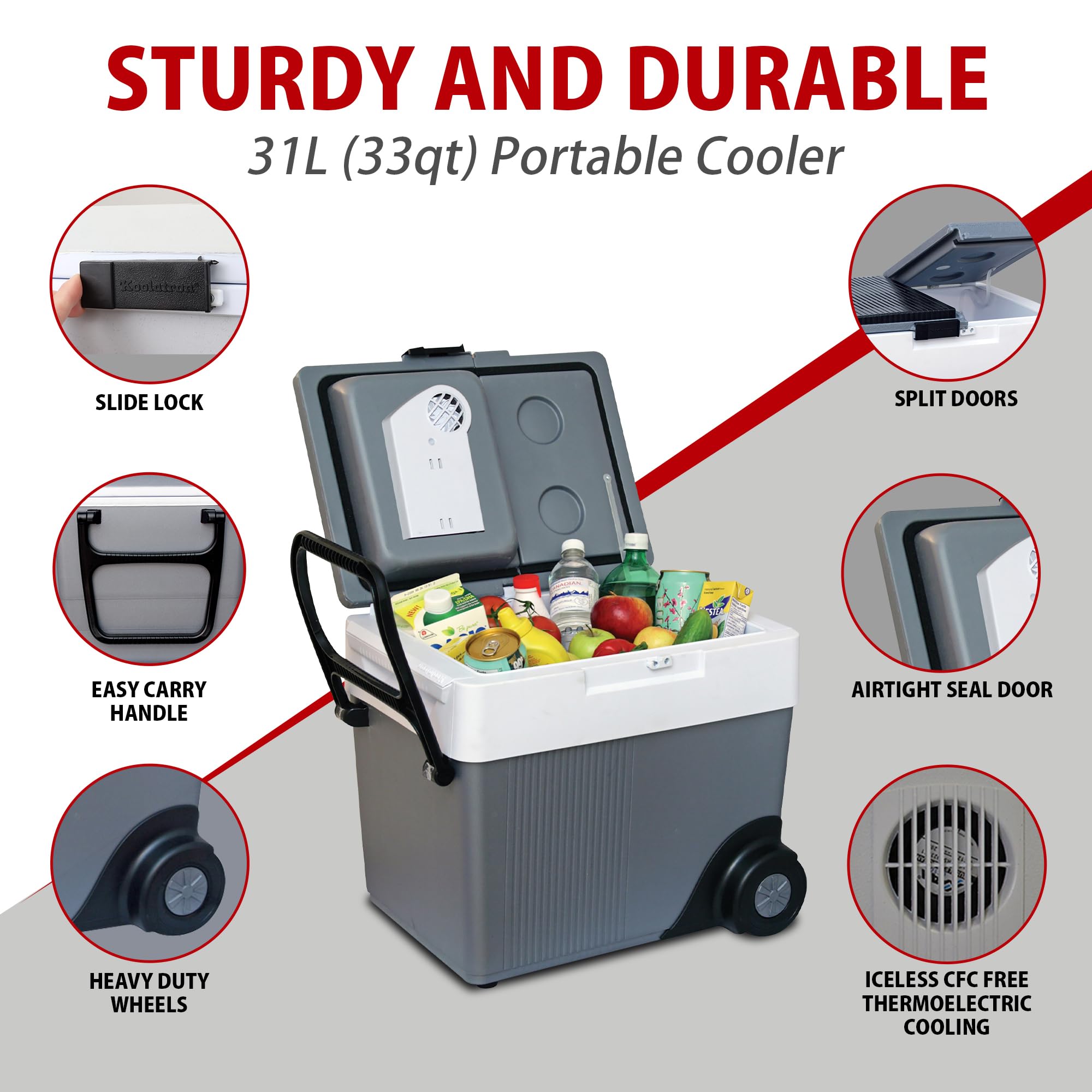 Koolatron 33 qt (31 L) Electric Portable Cooler & Warmer - 12V Car Fridge for Camping, Travel, Road Trips - Thermo Electric Cooler with Wheels & DC Power Cord - Perfect for Picnics, Tailgating & Outdoor Adventures (Gray/White)
