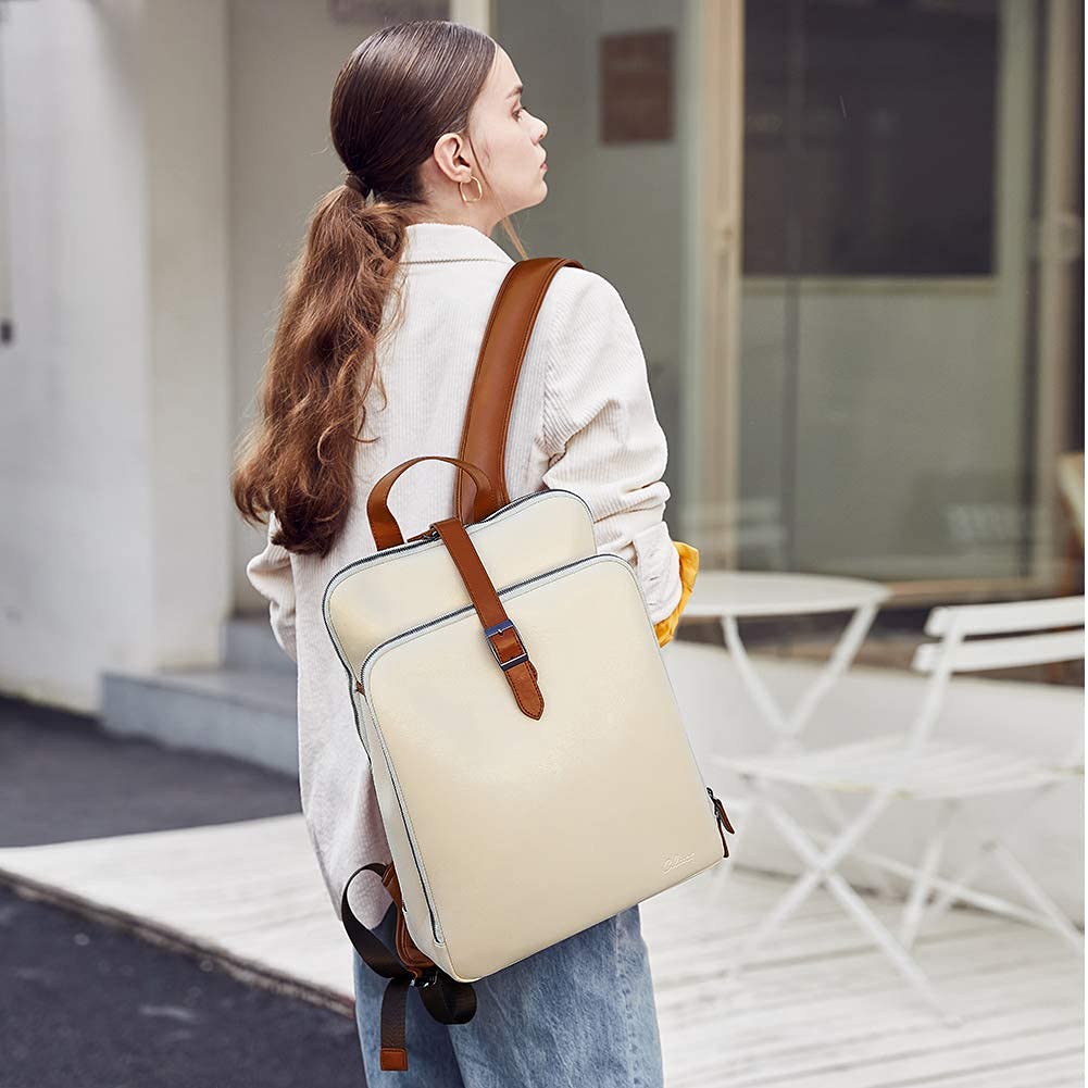 CLUCI Women's Leather Laptop Backpack - 15.6 Inch Stylish Travel Computer Bag, Business & College Daypack in Beige & Brown for Work, School & Commute