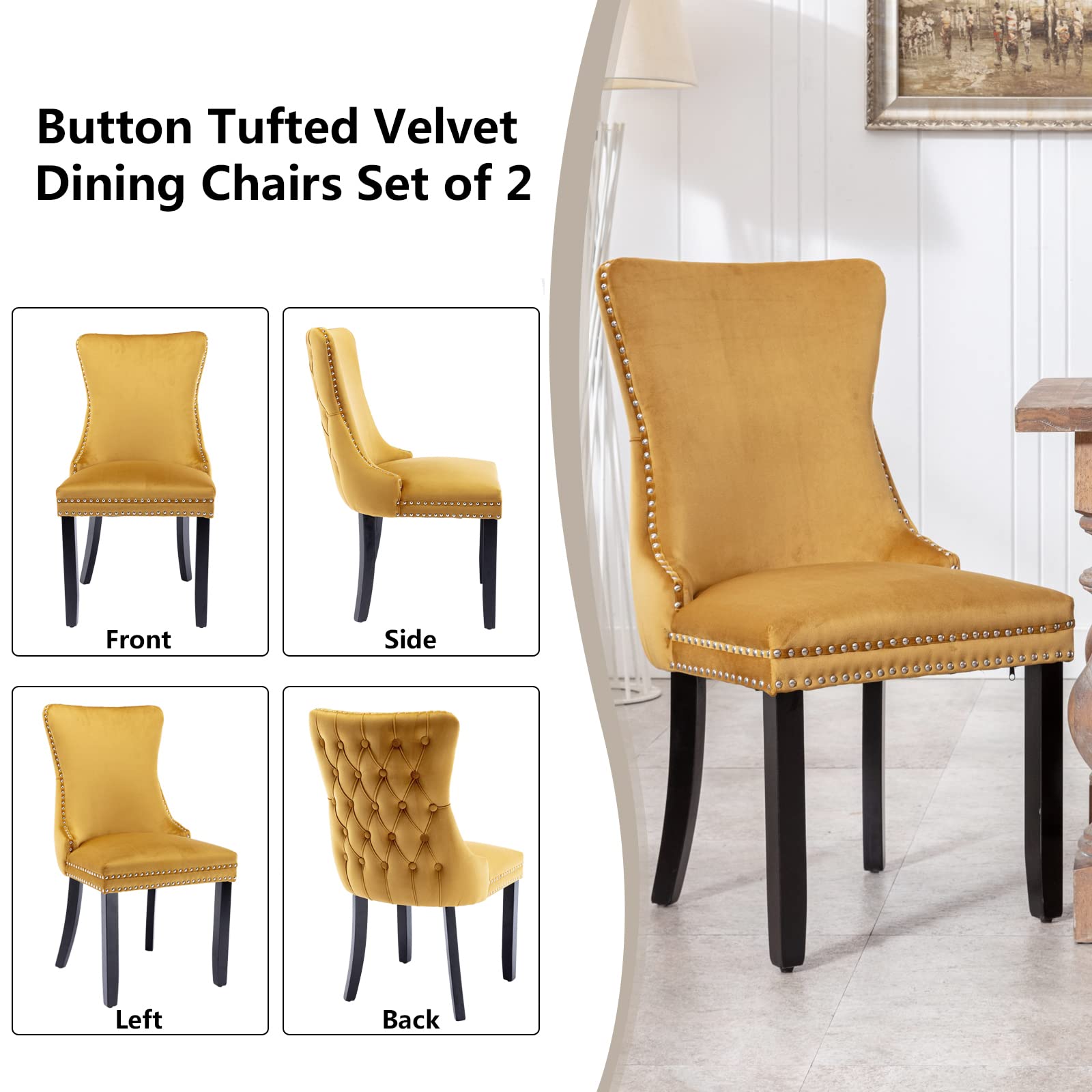 Luxury Velvet Upholstered Dining Chairs Set of 2 - Wingback Accent Chairs with Solid Wood Legs & Nailhead Trim - Elegant Button Tufted Back for Kitchen, Dining Room - Golden Yellow - Perfect for Modern Home Decor & Dinner Parties