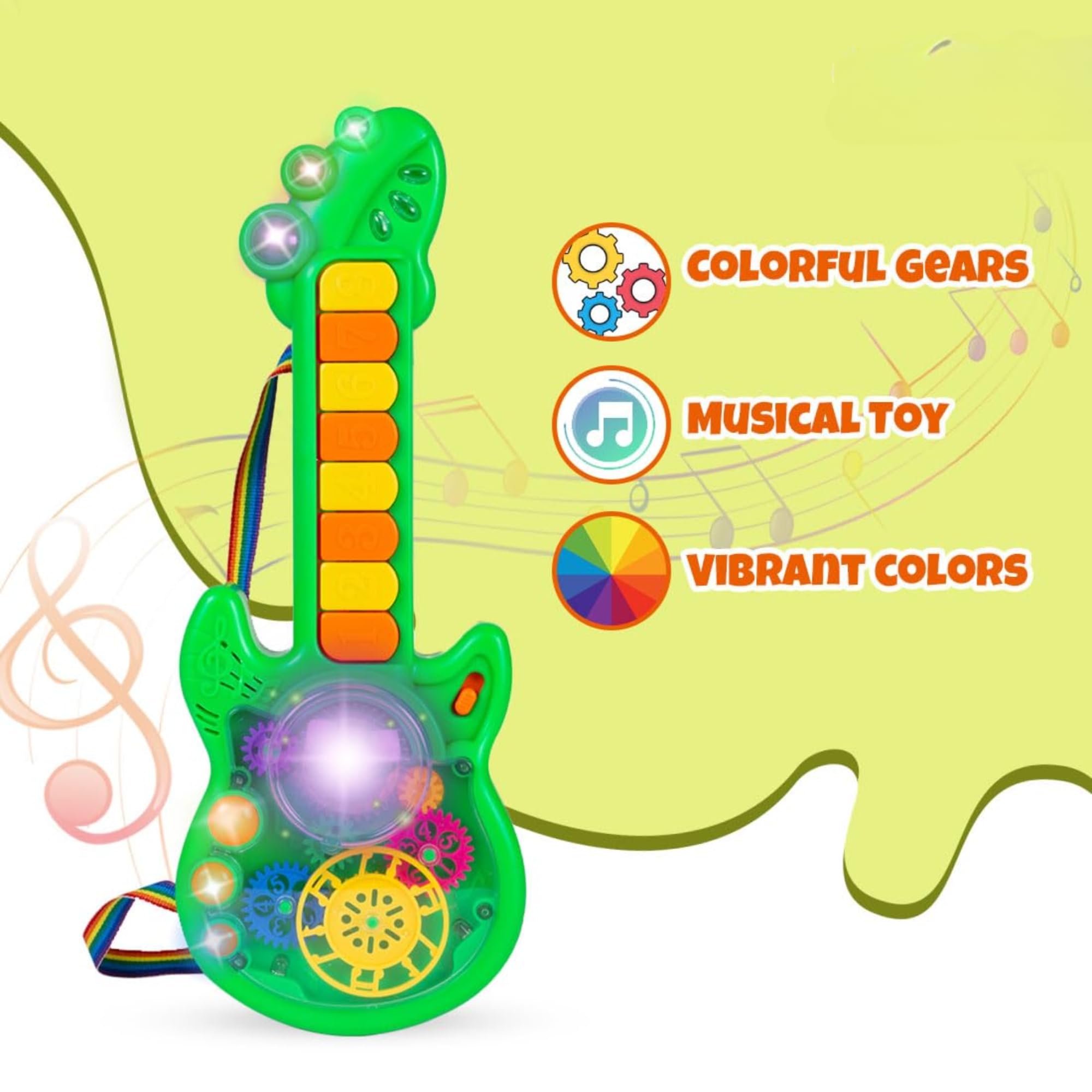 Kid Kraze® Battery Operated Musical Toy Guitar with 8 Keys, 3D Gears & LED Light Effects - Perfect Gift for Toddlers, Boys & Girls (Green) | Requires 3xAA Batteries (Not Included) | Great for Pretend Play, Music Learning & Birthday Parties
