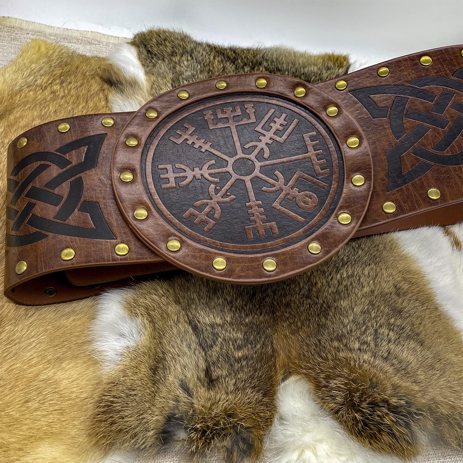 Viking Embossed Wide Belt - Nordic Faux Leather Armor Belt for LARP, Cosplay & Halloween Costume | Medieval Knight Corset Belt (Brown) - Perfect for Renaissance Faires, Viking Reenactments & Fantasy Events