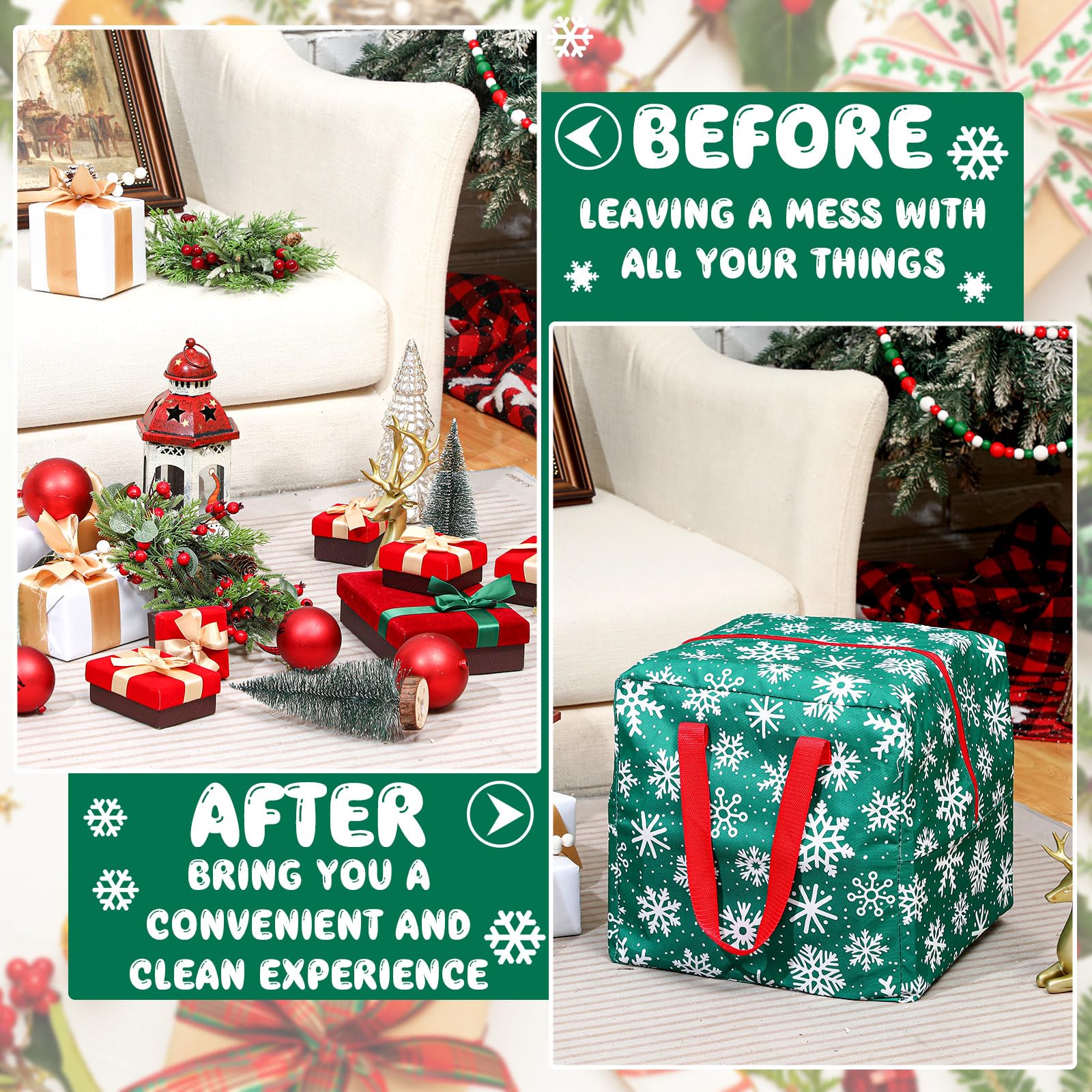Kajaia 2-Pack Christmas Ornament Storage Boxes 12x12x12 Inch - Durable Snowflake Holiday Organizer Bags with Handles & Full-Length Zipper - Tear-Proof Xmas Decoration Containers (Green) - Perfect for Storing & Protecting Holiday Decorations