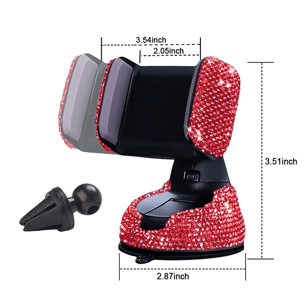 SUNCARACCL Bling Car Phone Holder - 360° Adjustable Crystal Auto Phone Mount, Universal Rhinestone Car Stand for iPhone Samsung - Windshield Dashboard & Air Vent Accessories (Red) - Perfect for Commuting, Road Trips & GPS Navigation