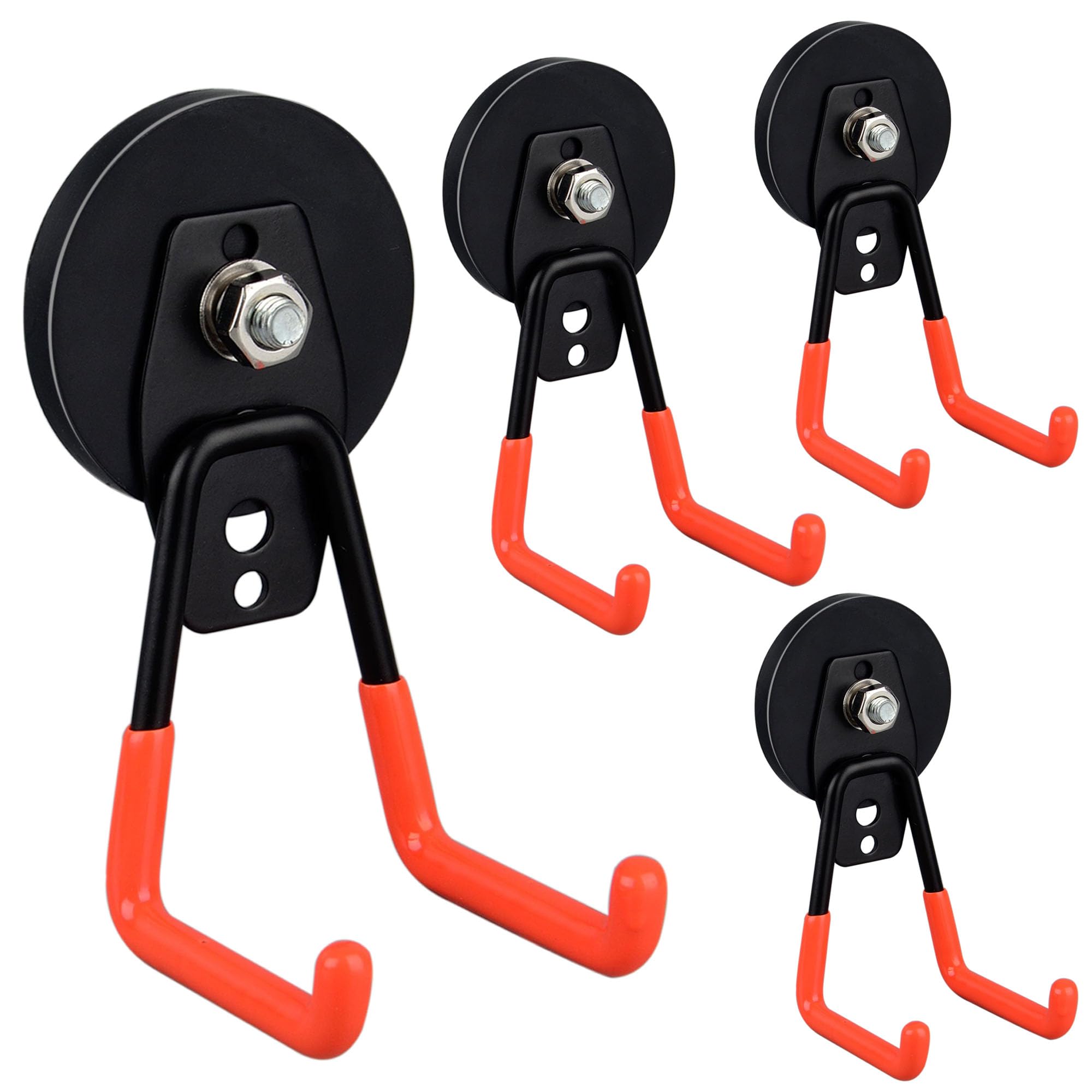 ULIBERMAGNET Heavy Duty Magnetic Hooks 4 Pack - 50lb Capacity Strong Large Magnet Hooks for Power Drill, Garden Tools, Hose, Pegboard - Garage & Workshop Storage Hooks for Indoor Outdoor Use (Orange) - Perfect for Tool Organization, Hanging Plants & Holiday Decorations