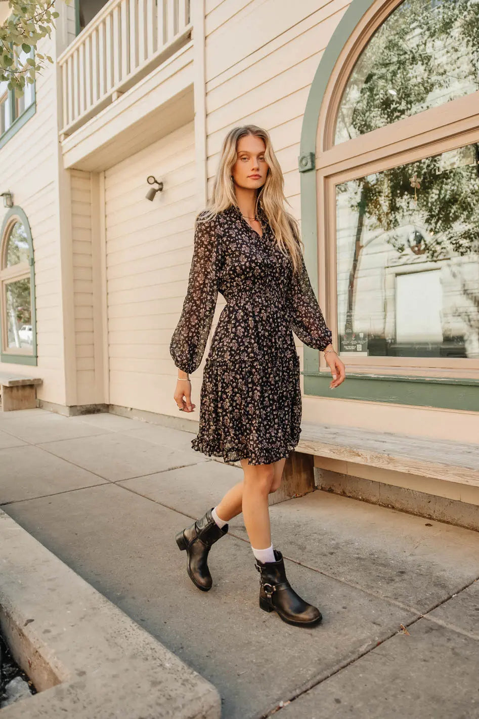 Layne Ruffled Floral Summer Dress for Women - Boho Chic Maxi Dress with V-Neck & Long Sleeves | Perfect for Beach Vacations, Date Nights & Outdoor Weddings