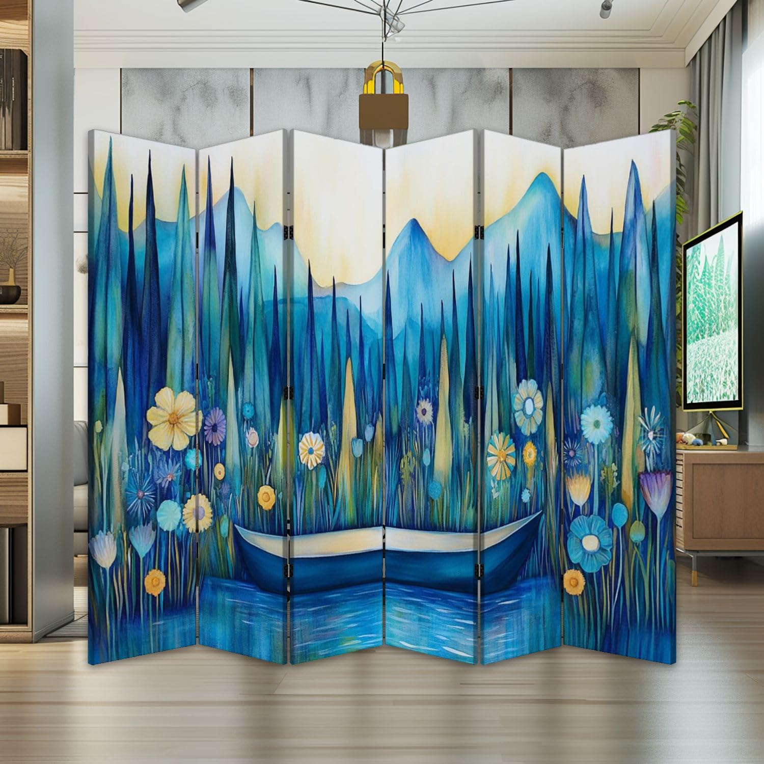 6-Panel Folding Room Divider - Sky Nature Landscape with Boat, Mountains & Flowers - Freestanding Canvas Privacy Screen for Home Office, Bedroom & Living Room - Indoor Partition & Protective Wall Separator