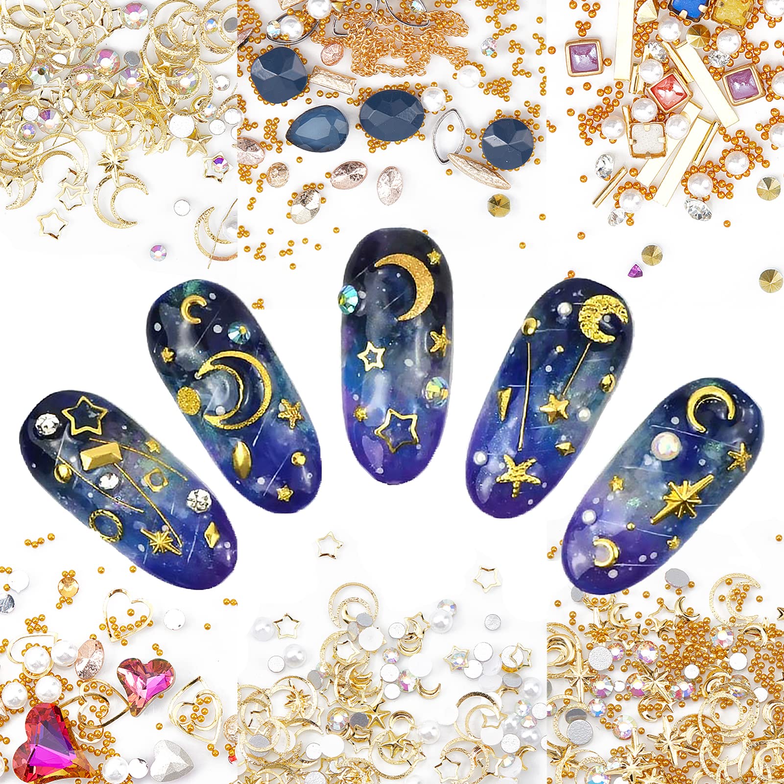 NICENEEDED 6 Boxes Moon & Stars Nail Art Charms - Metal Pearl Rivets with Sparkle Rhinestones, Mixed Shape Press on Nail Studs Kit for Women & Girls - Fake Nails Decoration Accessories (Gold) - Perfect for Parties, Weddings, and DIY Nail Art Designs