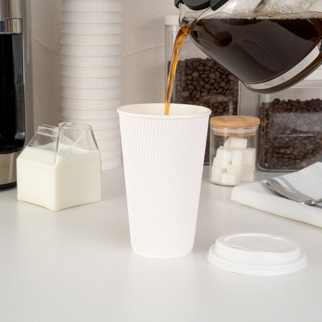 16 oz White Paper Ripple Wall Coffee Cups with White Lids - 3.5