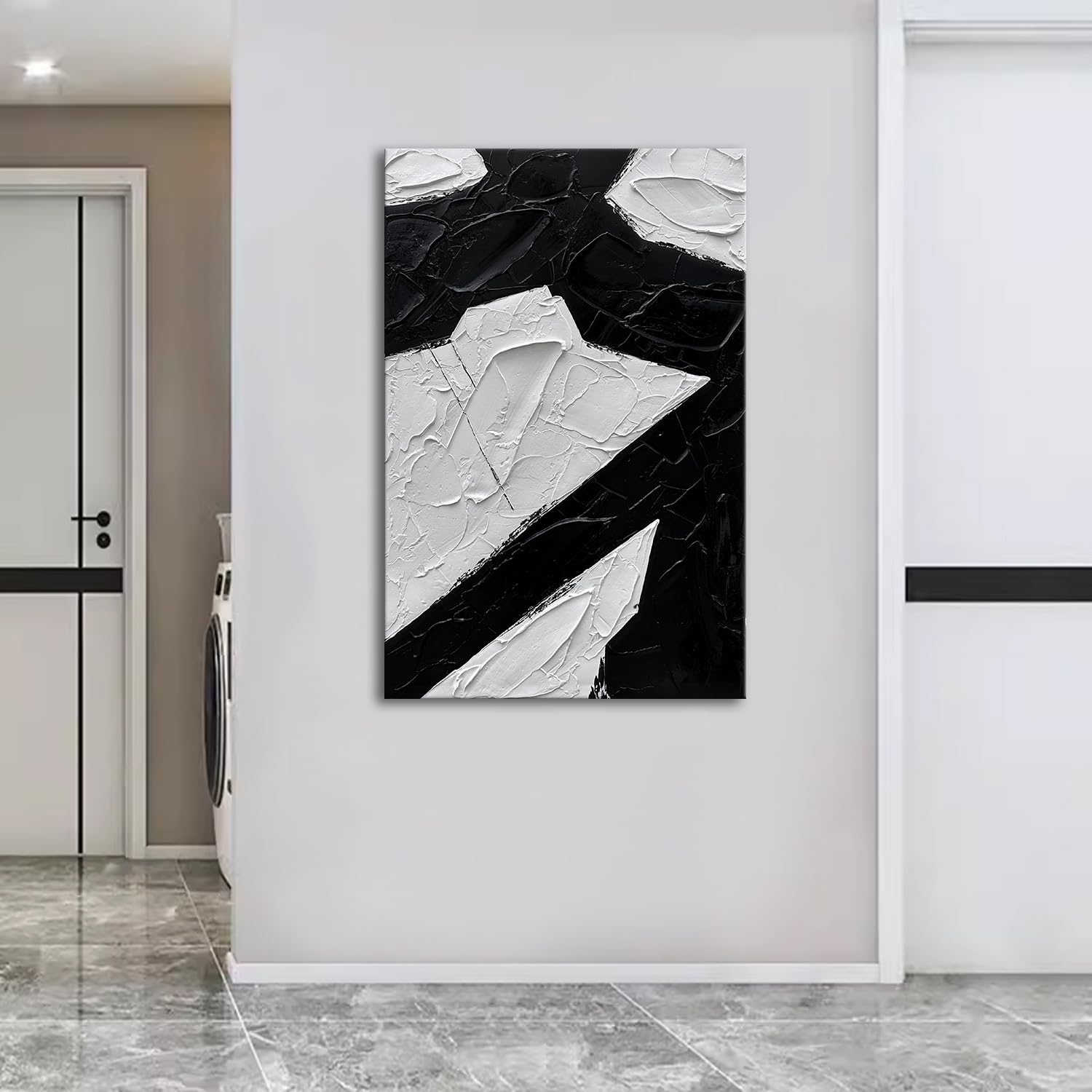 Zoinart Hand Painted Black & White Abstract Wall Art - 24x36 Inch Modern Oil Painting with Vertical Texture, Contemporary Minimalist Home Decor for Living Room, Bedroom & Office