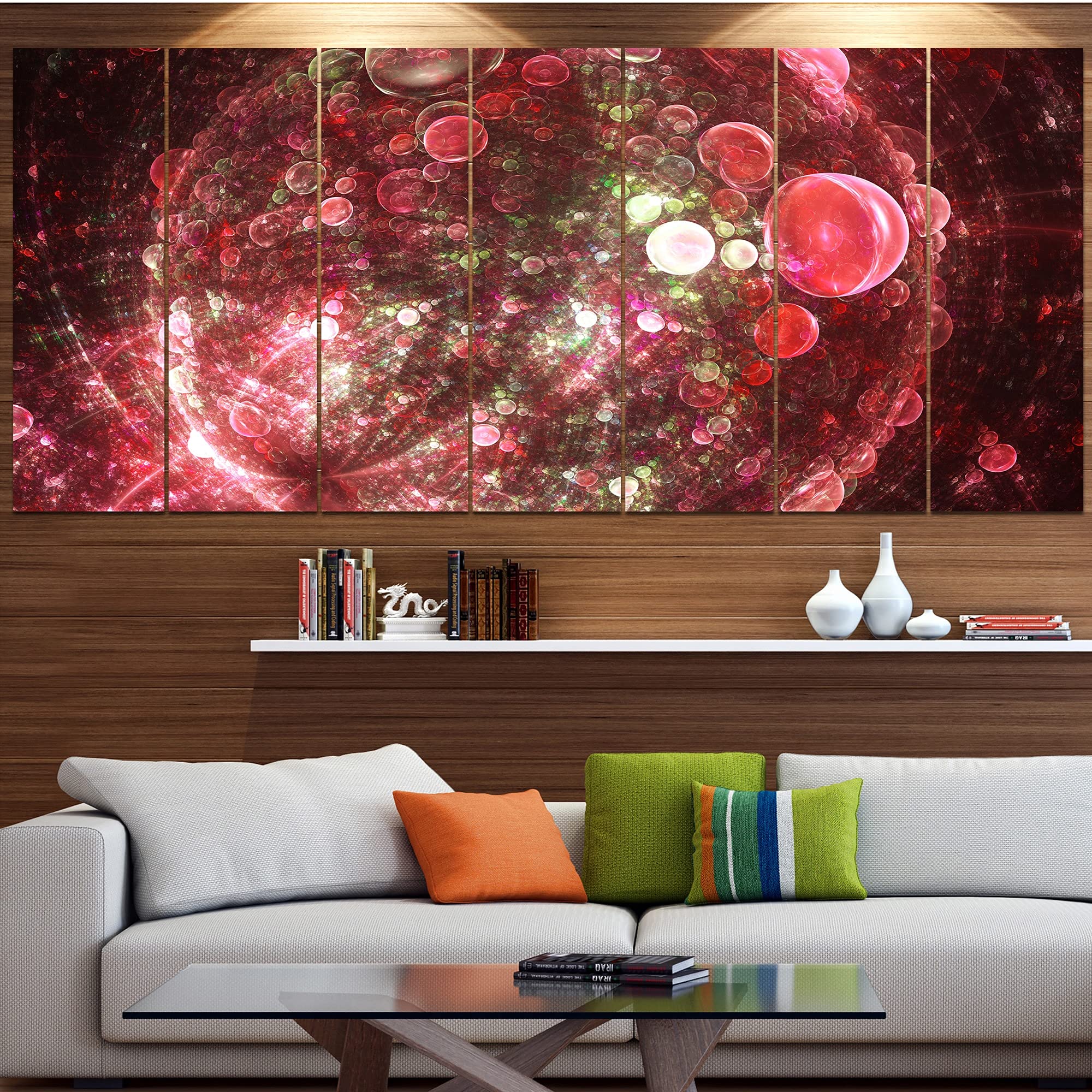 DESIGN ART 'Red Spherical Planet Bubbles' Abstract Canvas Wall Art - 60x28 Inch 5-Panel Modern Painting for Living Room, Bedroom & Office Decor