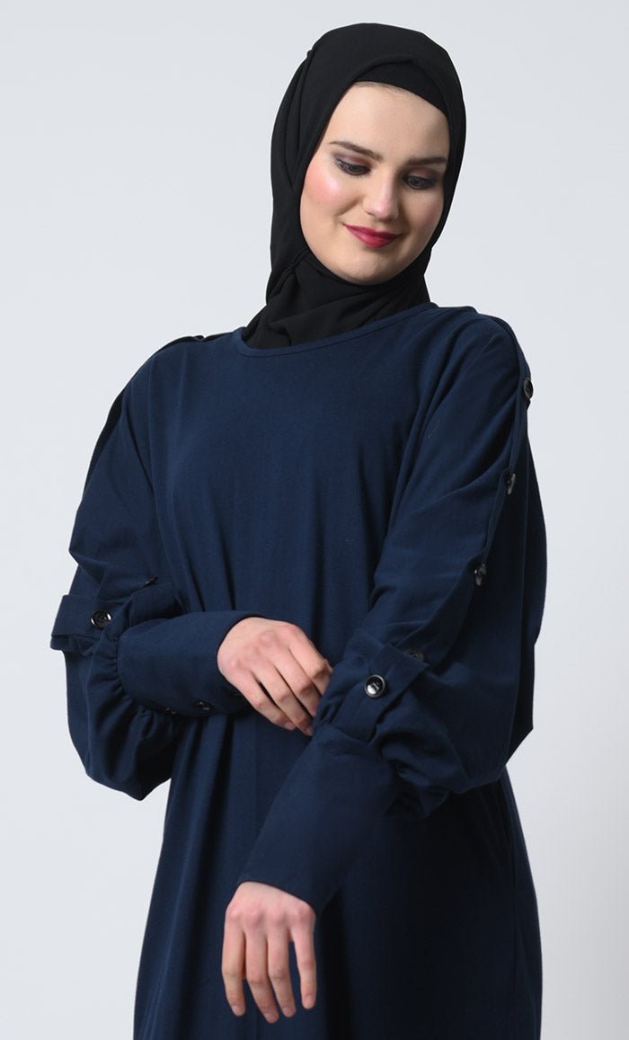 Stylish Cotton Jersey Abaya with Decorative Button Sleeves & Batwing Design - Perfect for Prayer, Modest Fashion & Special Occasions