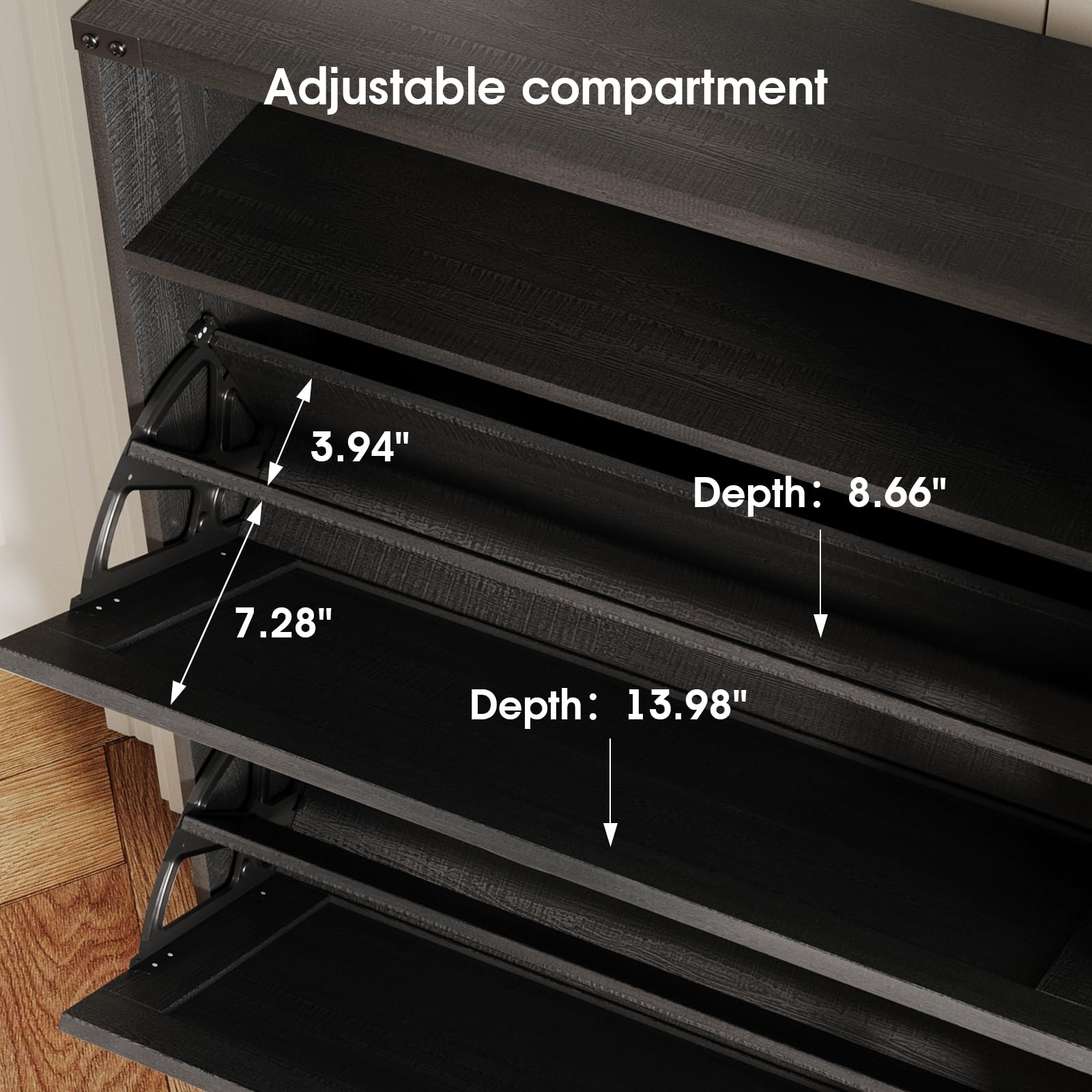 2-Tier Flip-Door Shoe Storage Cabinet - Freestanding Entryway Organizer with Open Shelves & Farmhouse Style Legs - Space-Saving Narrow Shoe Rack for Hallway, Closet or Bedroom (Black)