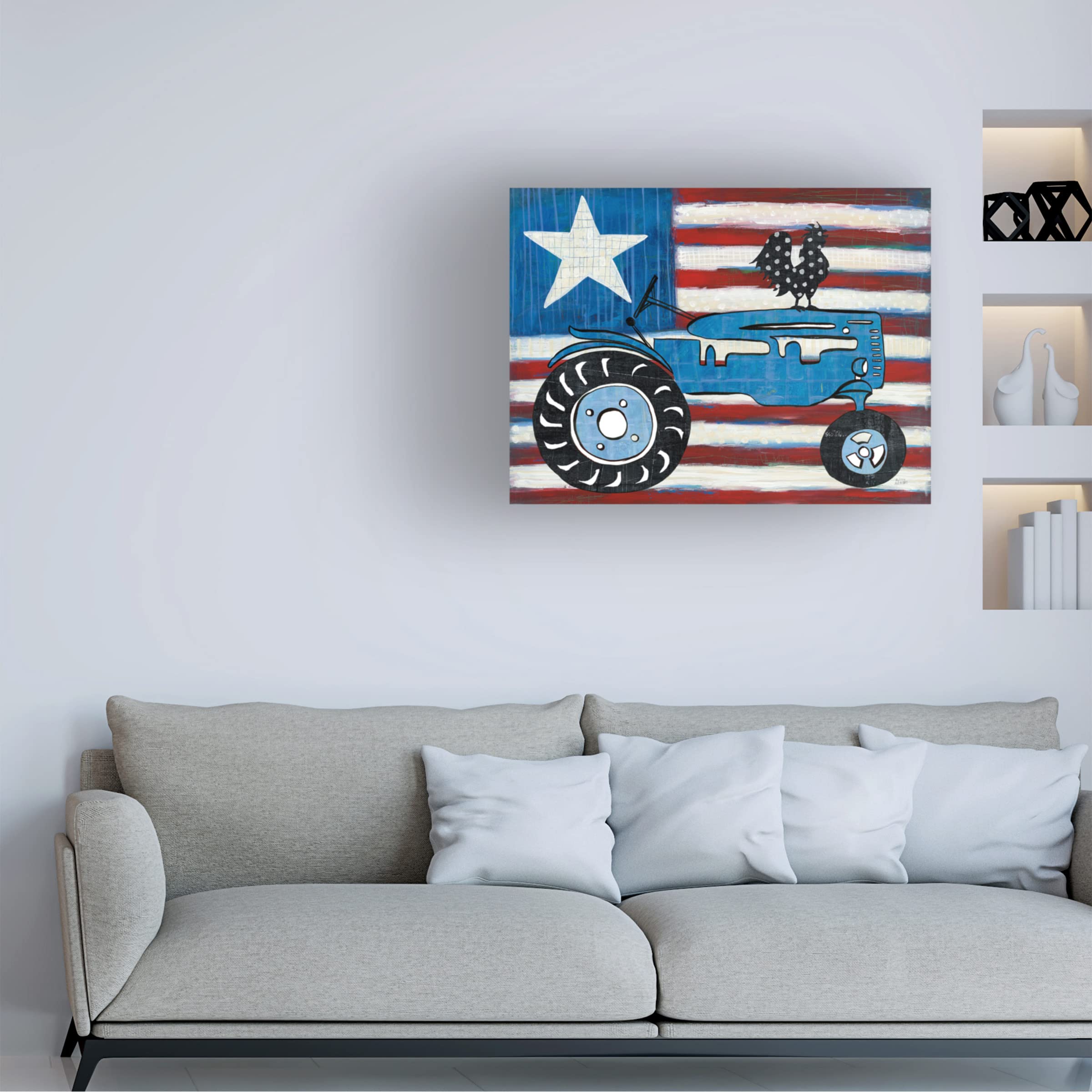 Trademark Fine Art 'Modern Americana Flag with Tractor' Canvas Wall Art by Melissa Averinos - Perfect for Farmhouse Decor, Country Living Rooms & Patriotic Home Office