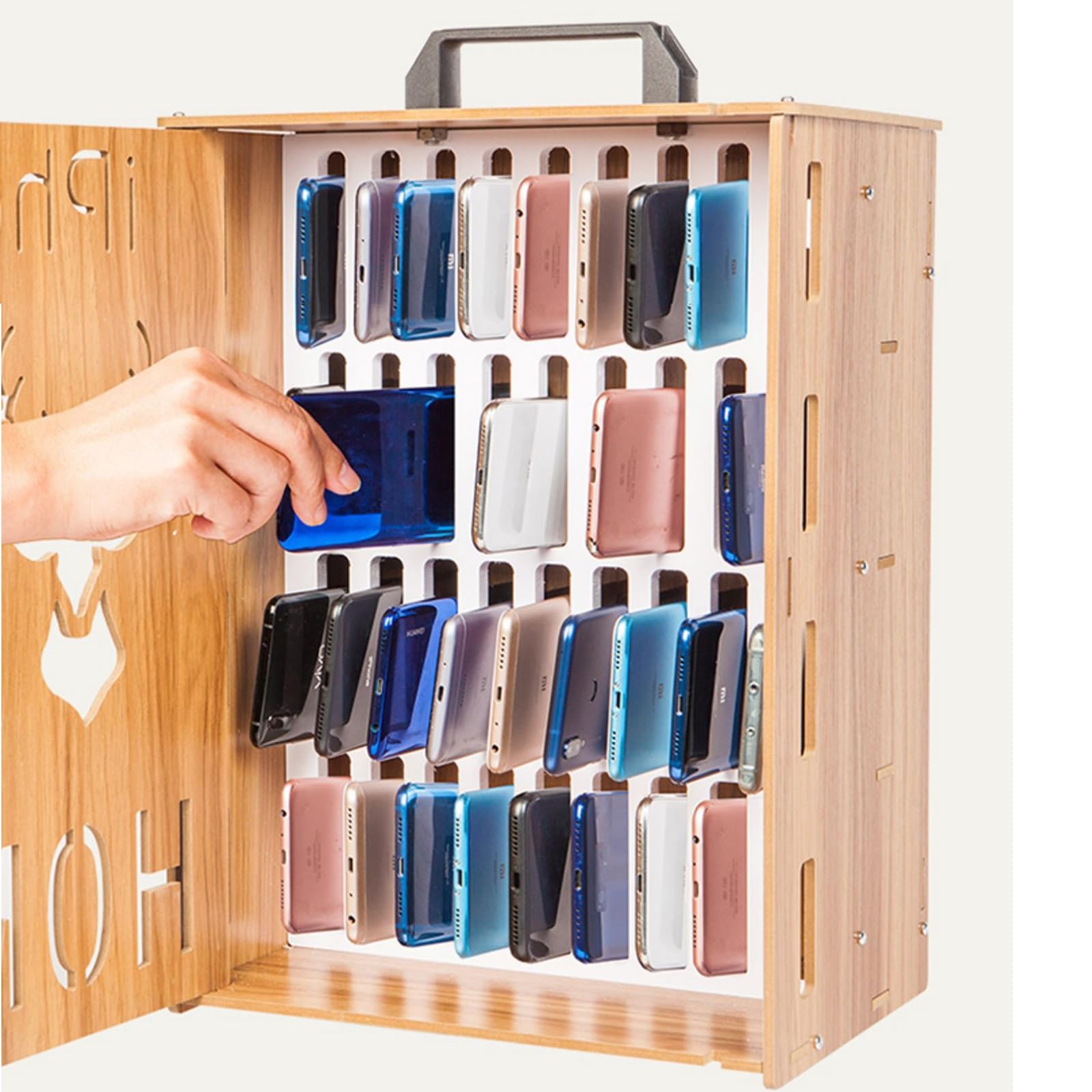 36-Slot Wooden Wall Mounted Cell Phone Storage Cabinet with Rechargeable Station - Durable Phone Locker for Classroom, Office & School Employees - Perfect for Device Management in Schools, Meetings and Workplaces