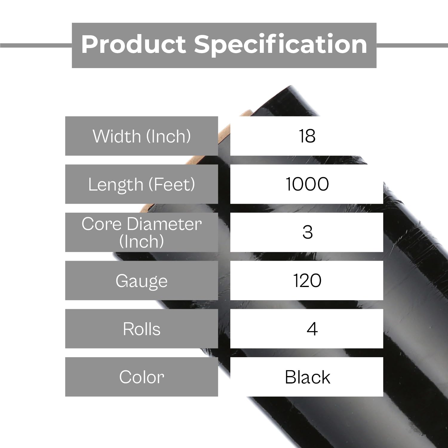 MMBM Heavy Duty Stretch Wrap Film - 18 Inch x 1000 Feet, 120 Gauge, 4 Pack, Dark Black Plastic Cling Wrap for Moving, Packing & Palletizing | Industrial Strength Shipping Supplies for Warehouse, Logistics & Home Moving