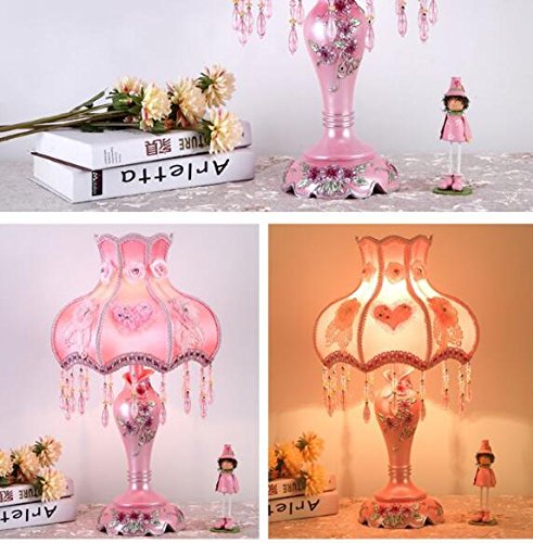 Tiffany Style Dimmable Table Lamp - Victorian Jeweled Desk Lamp with Floral Cloth & Resin Shade (Pink) - Perfect for Bedroom, Living Room, Office & Study Decor