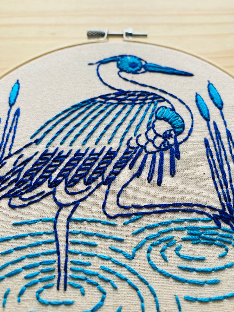 Blue Heron Hand Embroidery Kit for Beginners - DIY Embroidery Set with Thread, Needle & Pattern - Perfect for Home Decor, Wall Art & Craft Projects