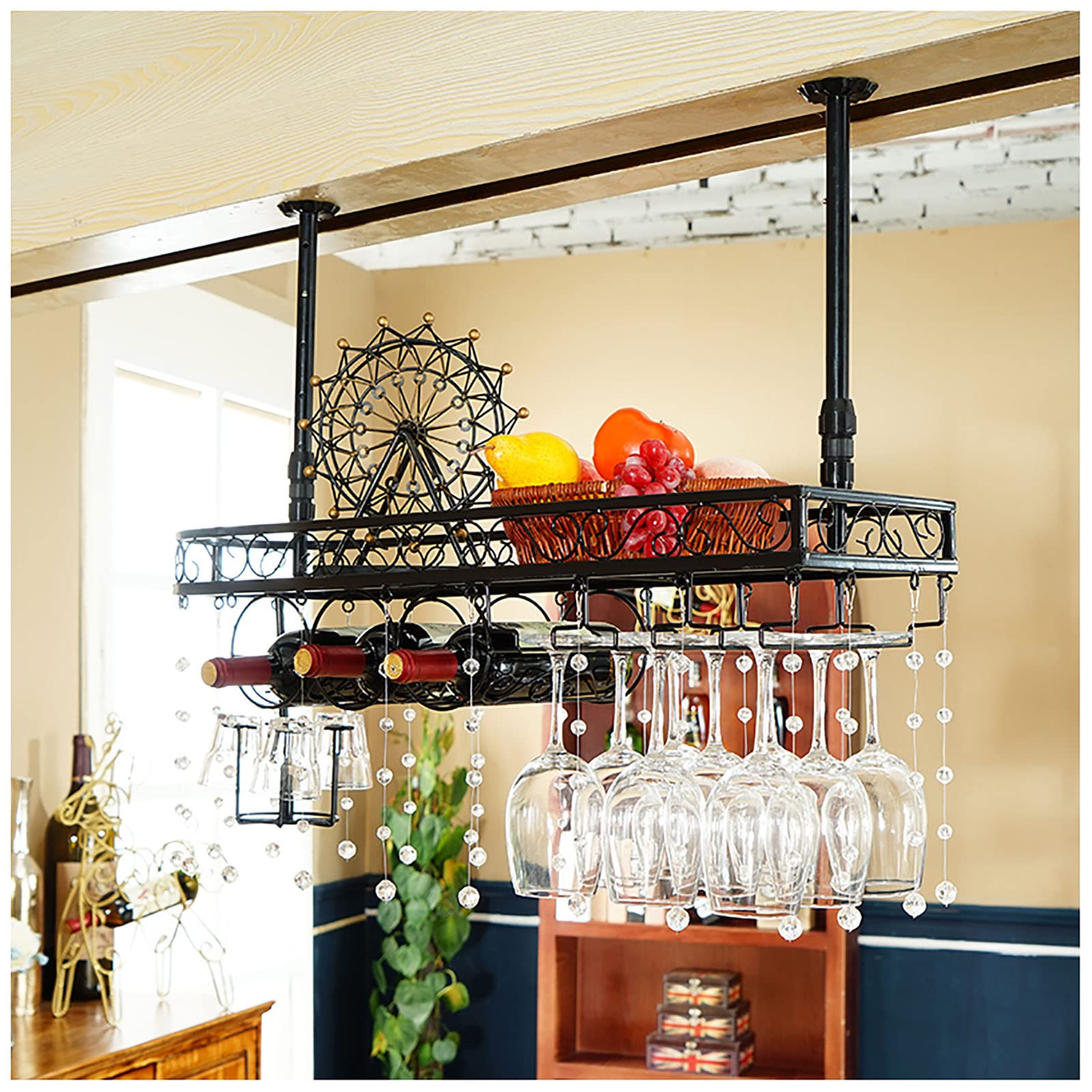 XIAOQIAO Metal Ceiling Mounted Wine Glass Holder - Hanging Stemware Rack for Champagne & Goblets - Holds 3 Wine Bottles & 15 Glasses - Perfect for Kitchen, Bar, Restaurant & Home Decor