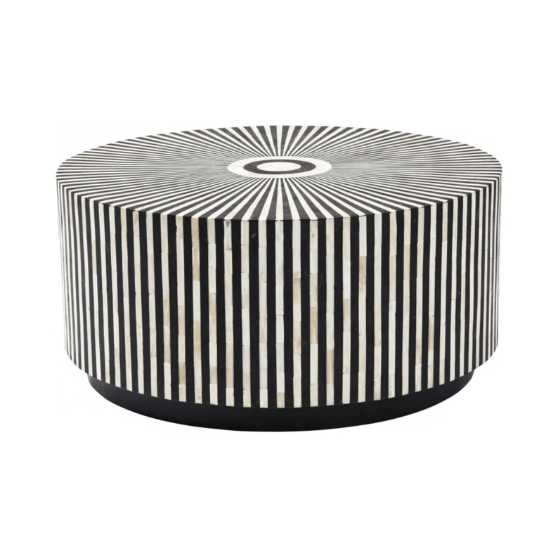 Handmade Bone Inlay Round Coffee Table - Black & White Striped Design - Boho Chic Home Decor - Perfect for Living Room, Lounge & Office Spaces