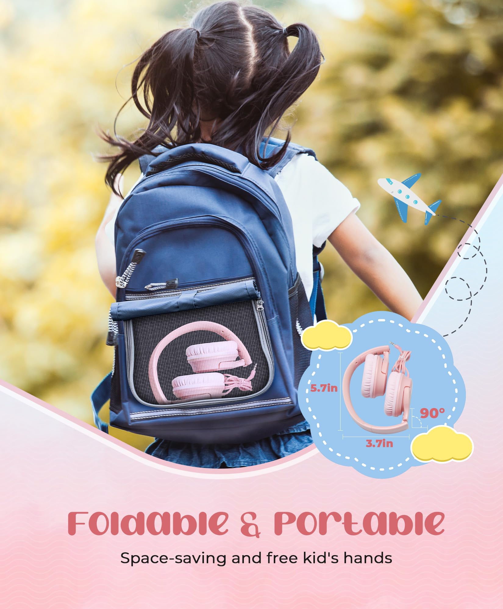 DyBaxa Kids Headphones with Volume Limiter (94dB) - Foldable Lightweight Over-Ear Wired Headset for School, Online Learning & Travel - Safe Hearing Protection for Children - 3.5mm Jack - Pink | Perfect for Classroom, Homeschooling, Airplane & Tablet Use