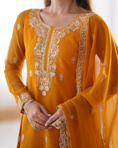 Elegant Mango Yellow Georgette Salwar Suit Set with Gold Thread Embroidery - Perfect for Weddings, Festivals & Special Occasions