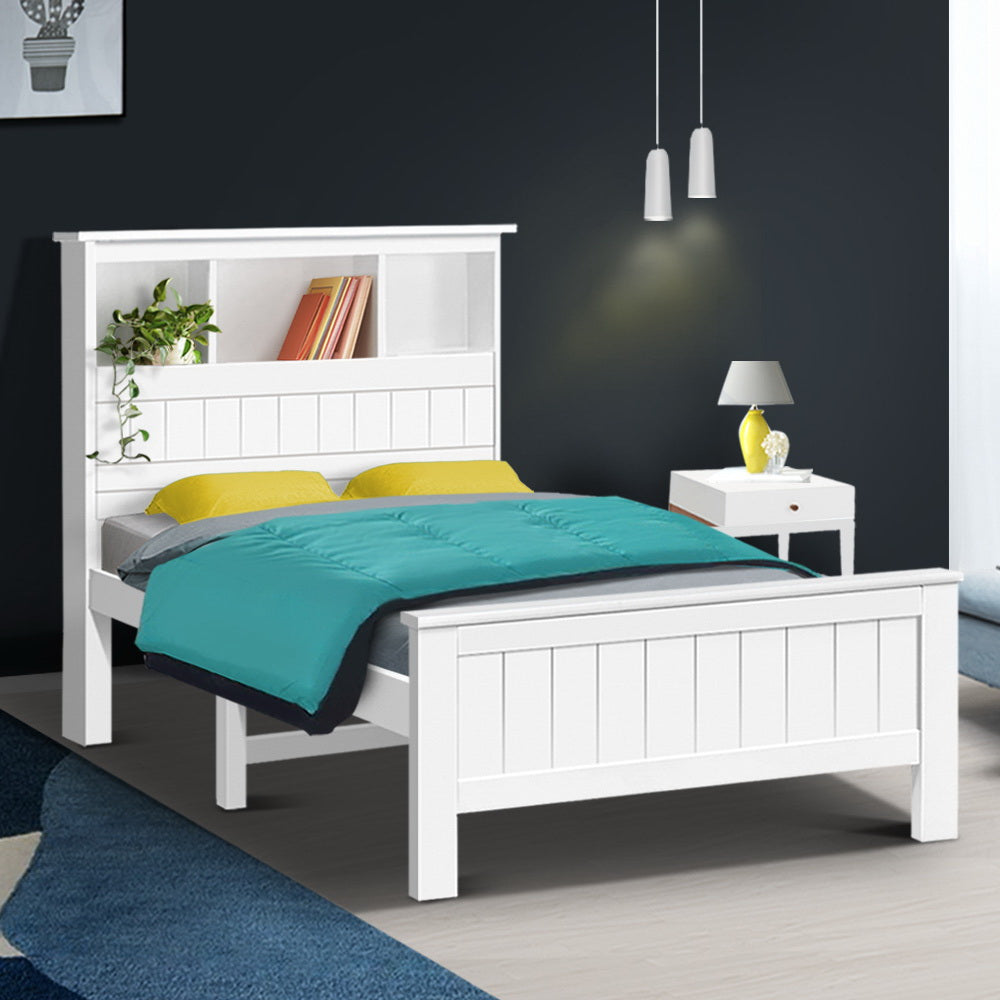 Kids Conqueror Wooden Timber King Single Bed Frame with Built-in Shelves - White | Space-Saving Storage Solution for Children's Bedroom & Playroom