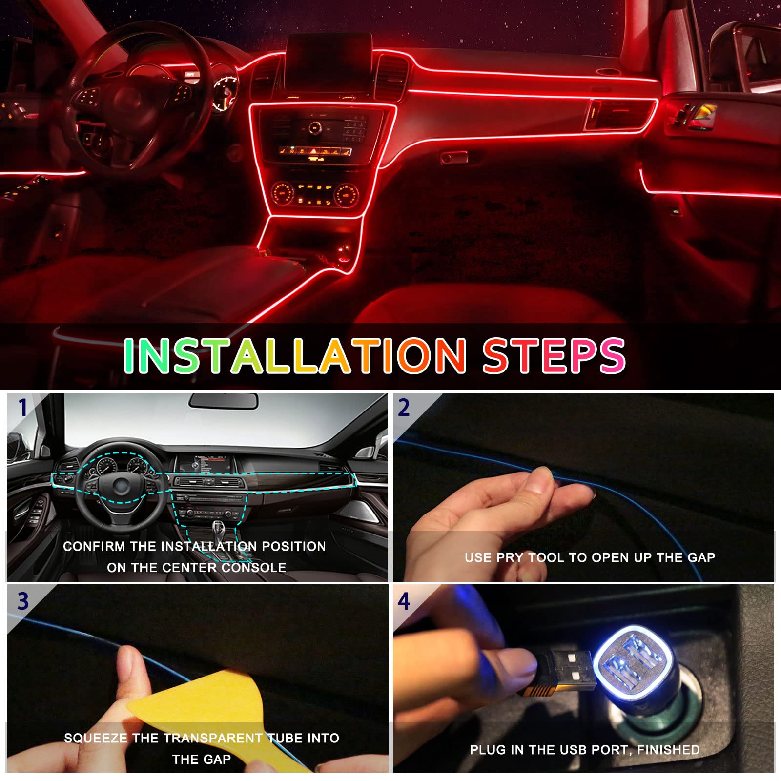 EL Wire Car LED Interior Strip Light - 197 Inch USB Neon Wire with 6mm Sewing Edge | 5M/16.5FT Orange Electroluminescent (EL) Wire for Car Decor & Ambient Lighting | Perfect for Car Interior, Bedroom, Party & DIY Projects