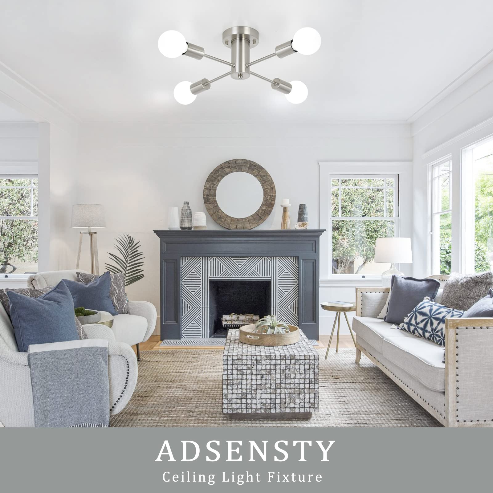 Brushed Nickel Semi Flush Mount Ceiling Light Fixture - 4-Light Farmhouse Chandelier with Chrome Accents for Kitchen, Dining Room, Living Room & Bedroom | Mid-Century Modern Design | Perfect for Farmhouse, Rustic & Contemporary Home Decor