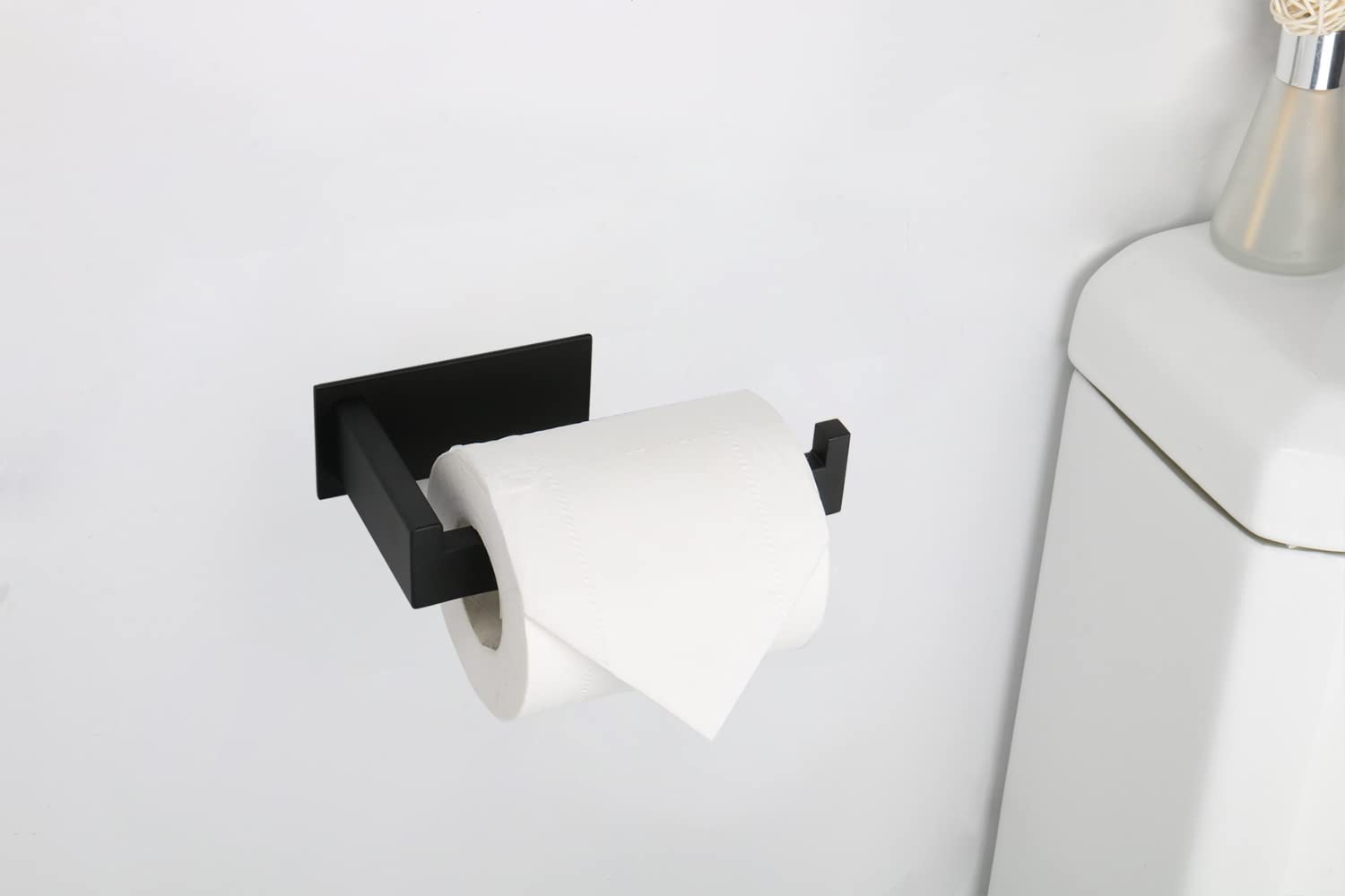 Stainless Steel Self-Adhesive Toilet Paper Holder - No Drill Rustproof Bathroom Tissue Roll Rack - Easy Installation Matte Black - Perfect for Office, Home & RV Bathrooms