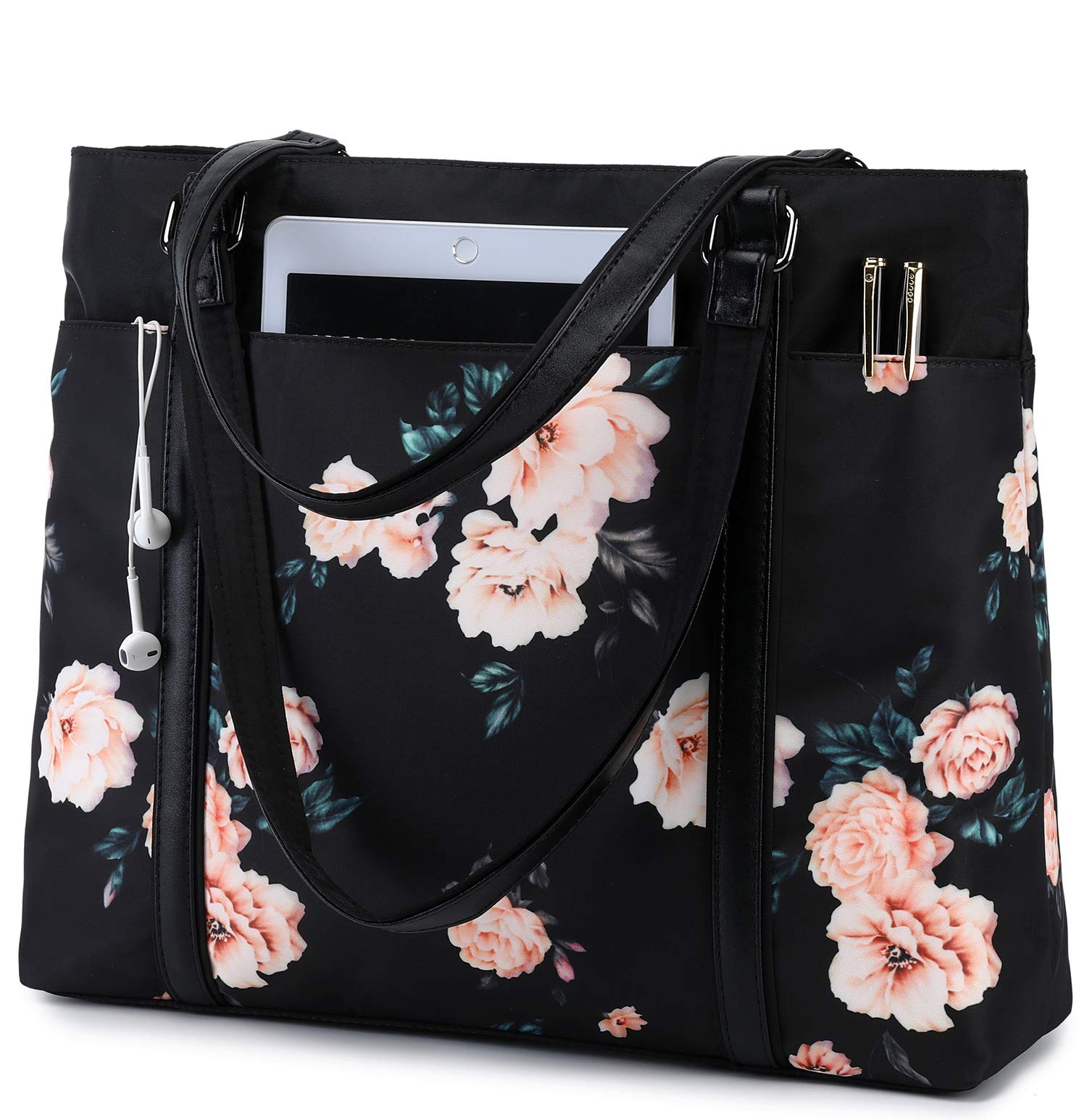 Stylish Floral Laptop Tote Bag for Women - 15.6 Inch Work Purse, Teacher Handbag & Shoulder Bag (Black Peony Design) - Perfect for Office, Commuting & Business Travel