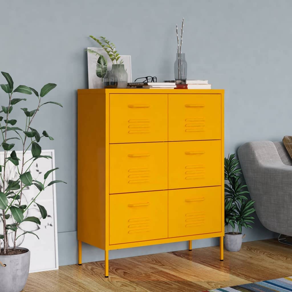 vidaXL Industrial Style Mustard Yellow Steel Drawer Cabinet - Freestanding Storage Cabinet with Drawers for Home Office & File Organization | Perfect for Small Spaces, Dorm Rooms & Workspaces
