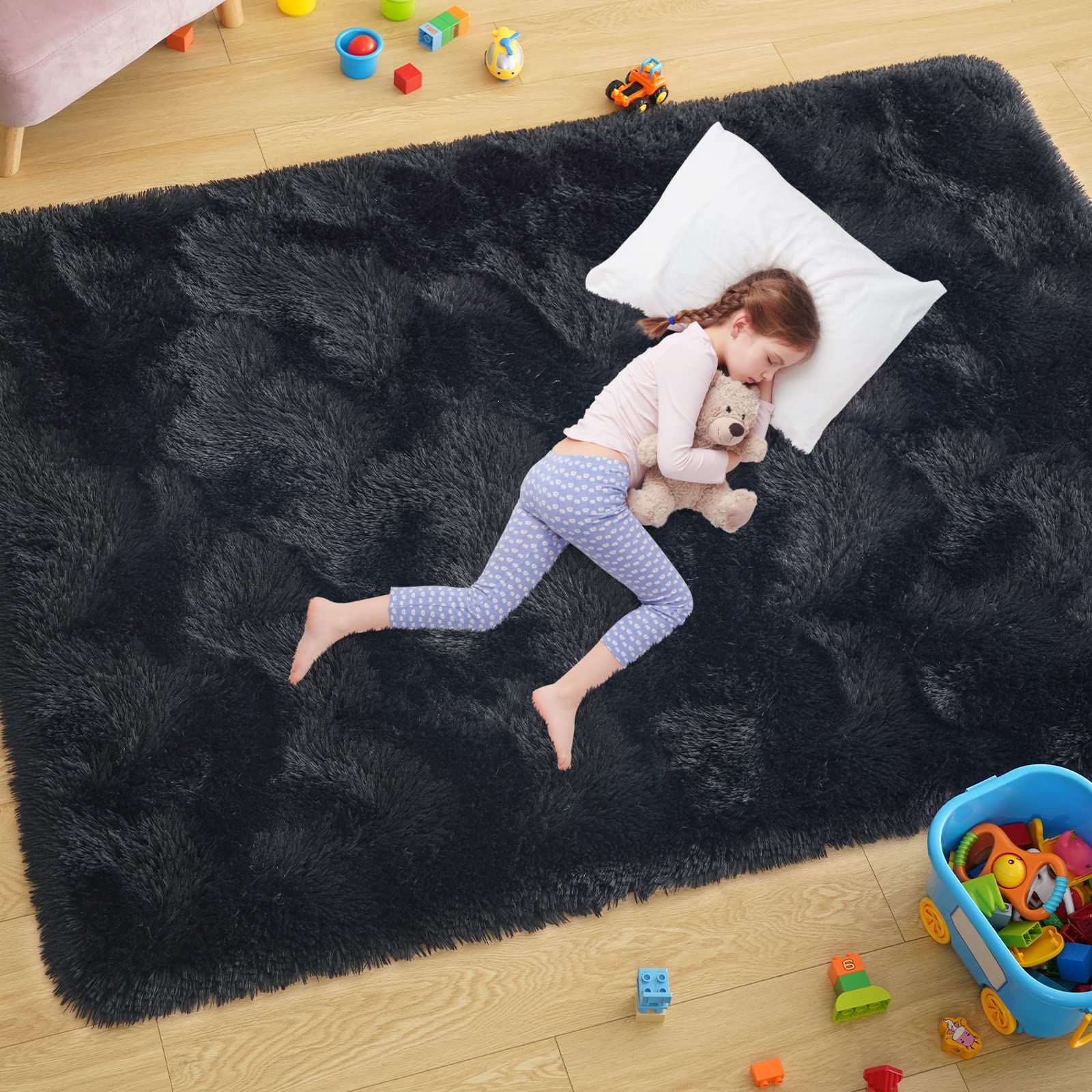 Ultra Soft Black Shag Rug 3x5 Feet - Fluffy Furry Area Rug for Bedroom, Living Room, Nursery | Non-Slip Modern Indoor Carpet for Kids & Baby Room Decor - Perfect for Cozy Spaces, Play Areas & Home Decor