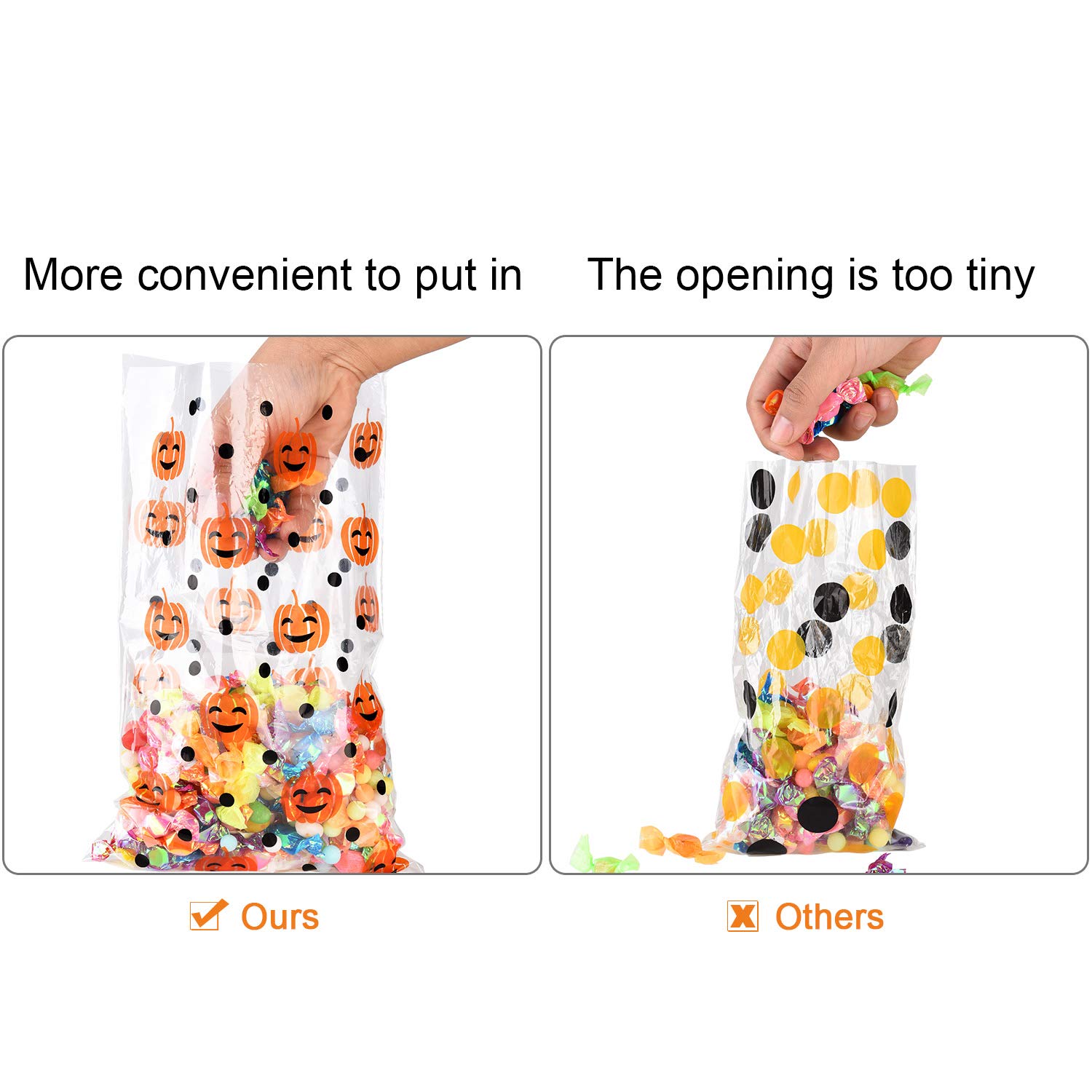 Halloween Pumpkin Print Cone Cellophane Bags - 100 Heat Sealable Treat Bags with Golden Twist Ties for Candy, Party Favors & Gift Giving - Perfect for Trick-or-Treat, Halloween Parties & Classroom Treats