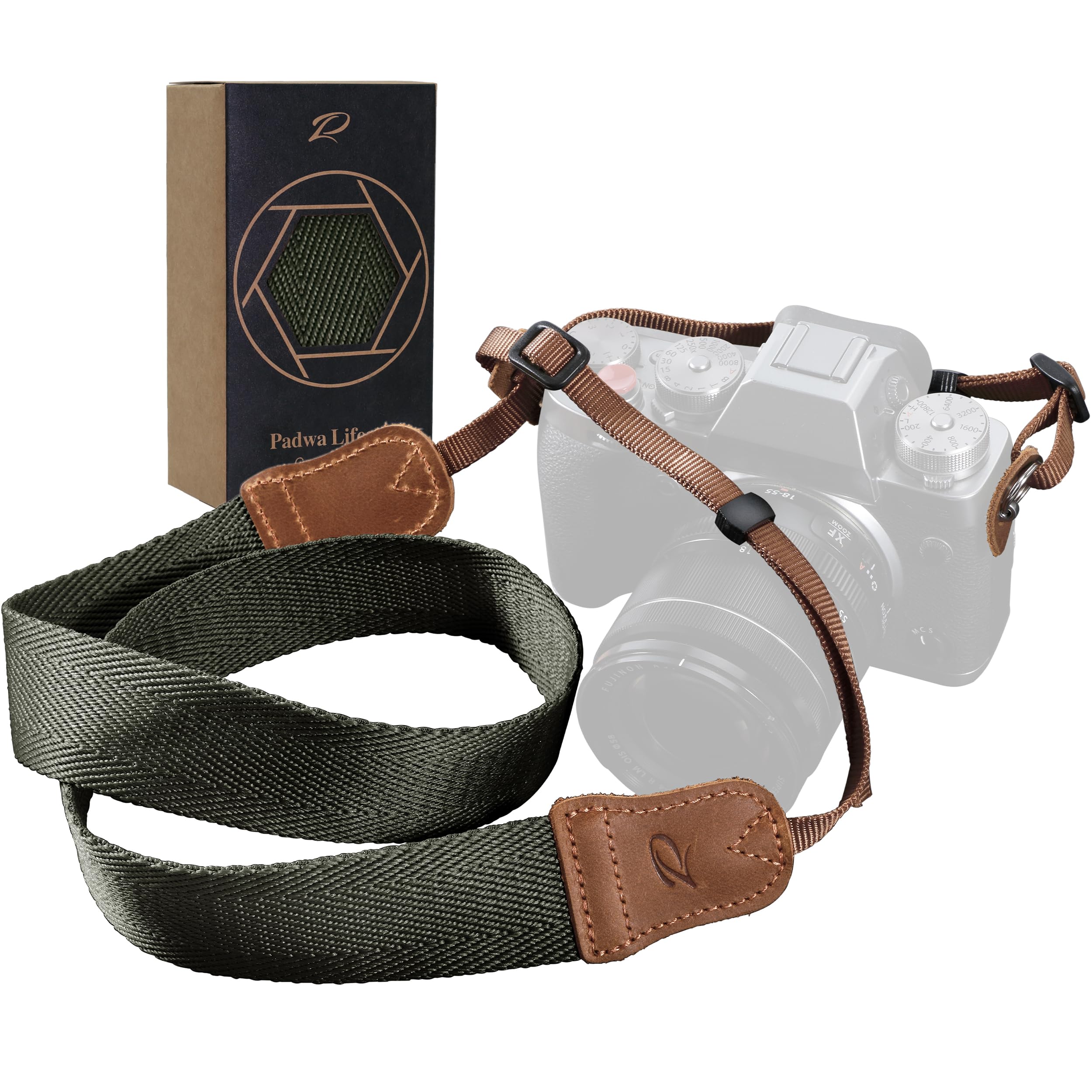 Premium Olive Green Camera Strap - Double Layer Top-Grain Cowhide Ends & 1.5