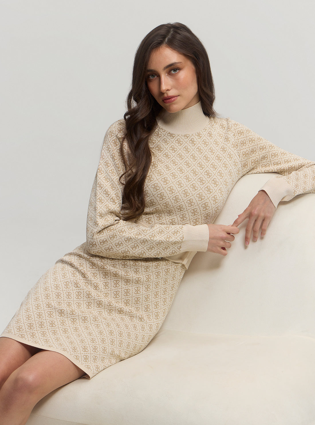 Beige Logo Belted Knit Midi Dress for Women - Elegant Casual Office Wear & Spring Outfits