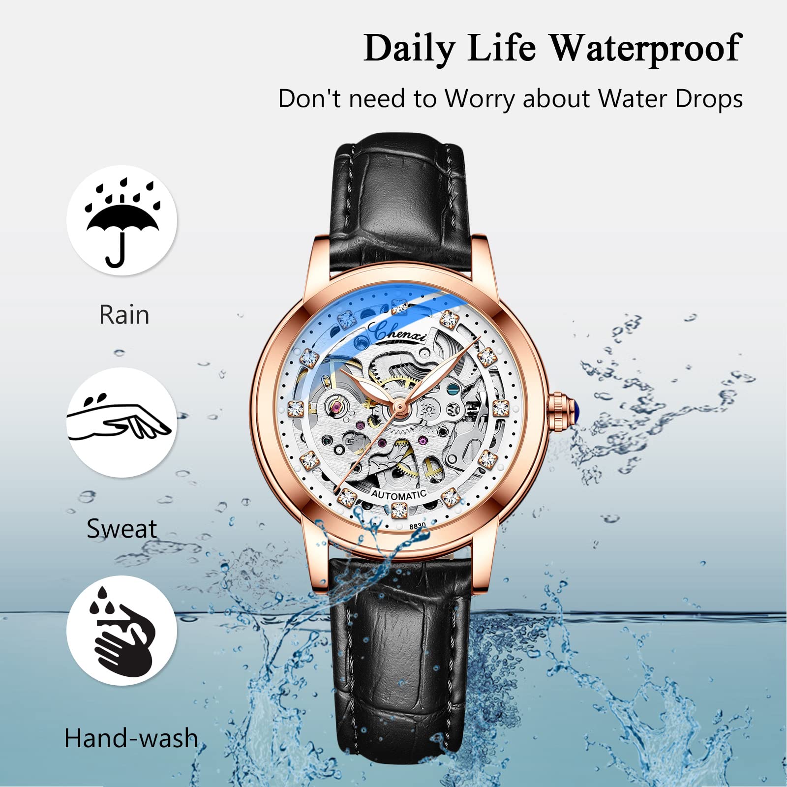 RORIOS Women's Automatic Self-Winding Mechanical Watch with Genuine Leather Strap, Tourbillon Design & Luminous Hands - Elegant Ladies Wristwatch for Business, Party & Everyday Wear