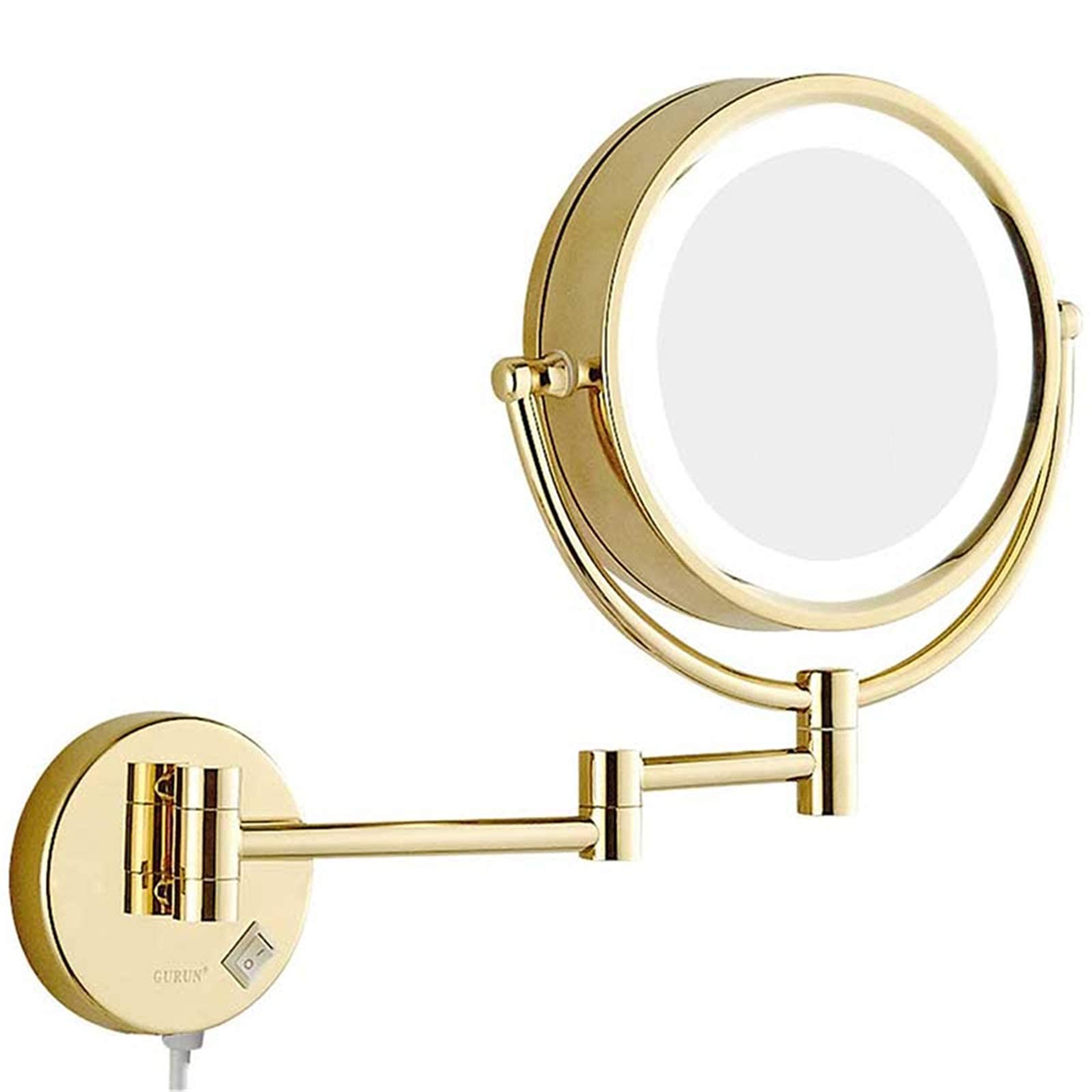 DDTP Gold Wall-Mounted Makeup Mirror - 8 Inch LED Lighted Vanity Mirror with 7X/3X/10X Magnification, 360° Swivel & Extendable Design for Perfect Makeup Application, Shaving and Skincare - Ideal for Bathroom, Bedroom or Dressing Room